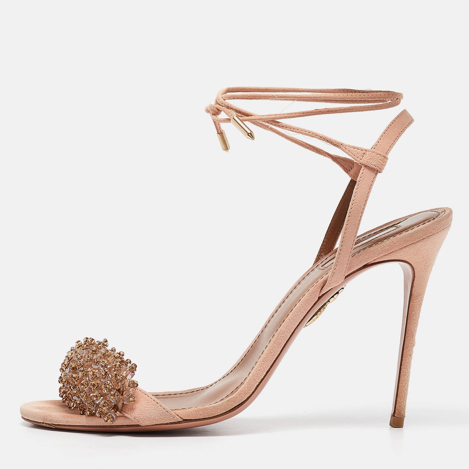 Aquazzura Pink Suede Embellished Monaco Ankle Tie Sandals Size 40.5