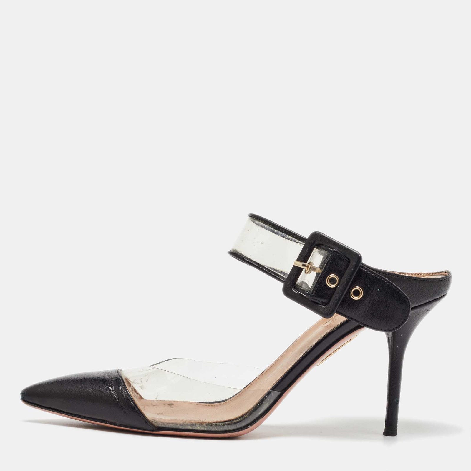 Aquazzura Black Leather and PVC Optic Buckle Pointed Toe Mules Size 39