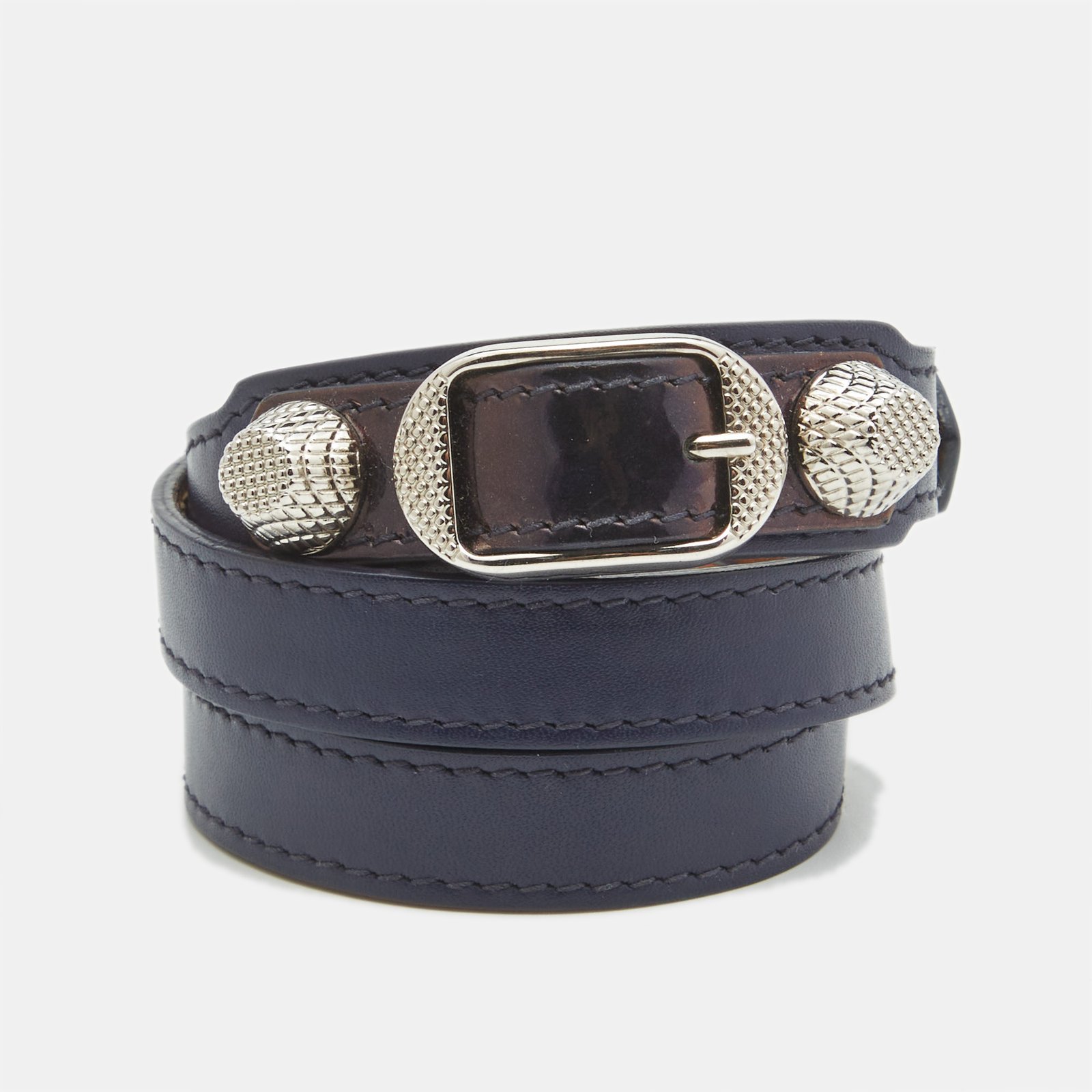 Balenciaga Navy Blue Leather Silver Tone Triple Tour Bracelet