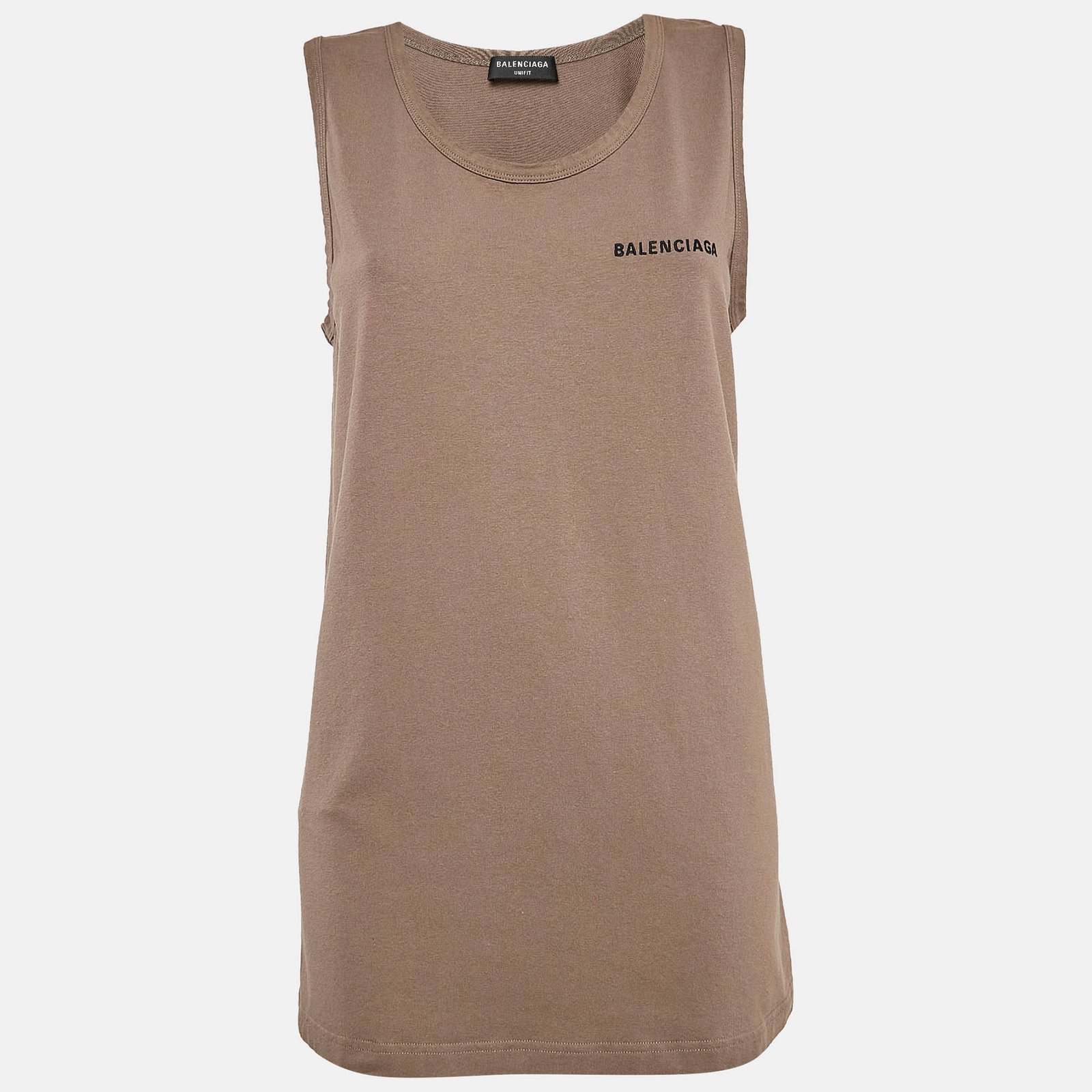 Balenciaga Brown Logo Embroidered Jersey Sleeveless T-Shirt XXS