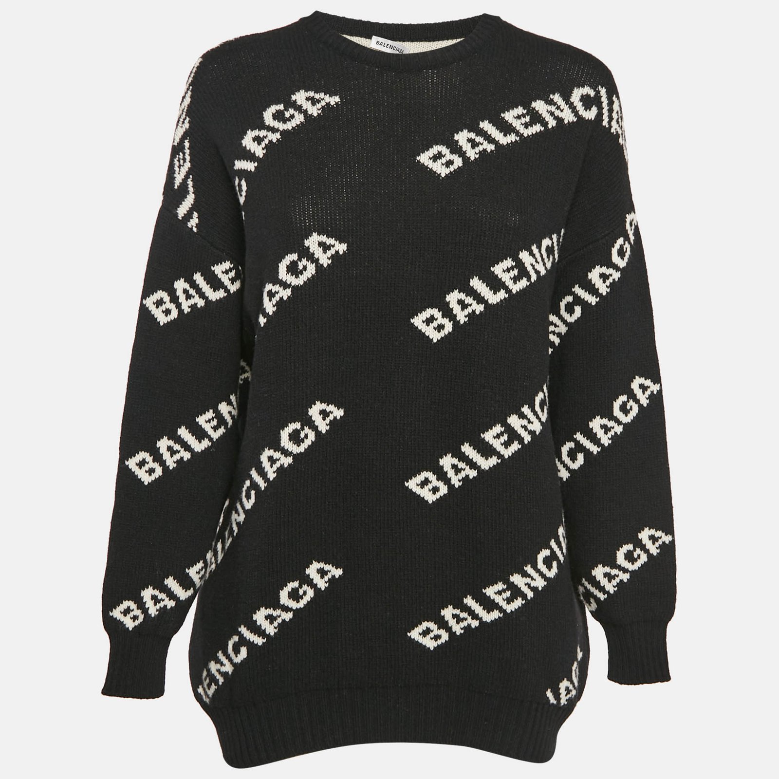 Balenciaga Black Logo All Over Wool Rib Knit Sweater S