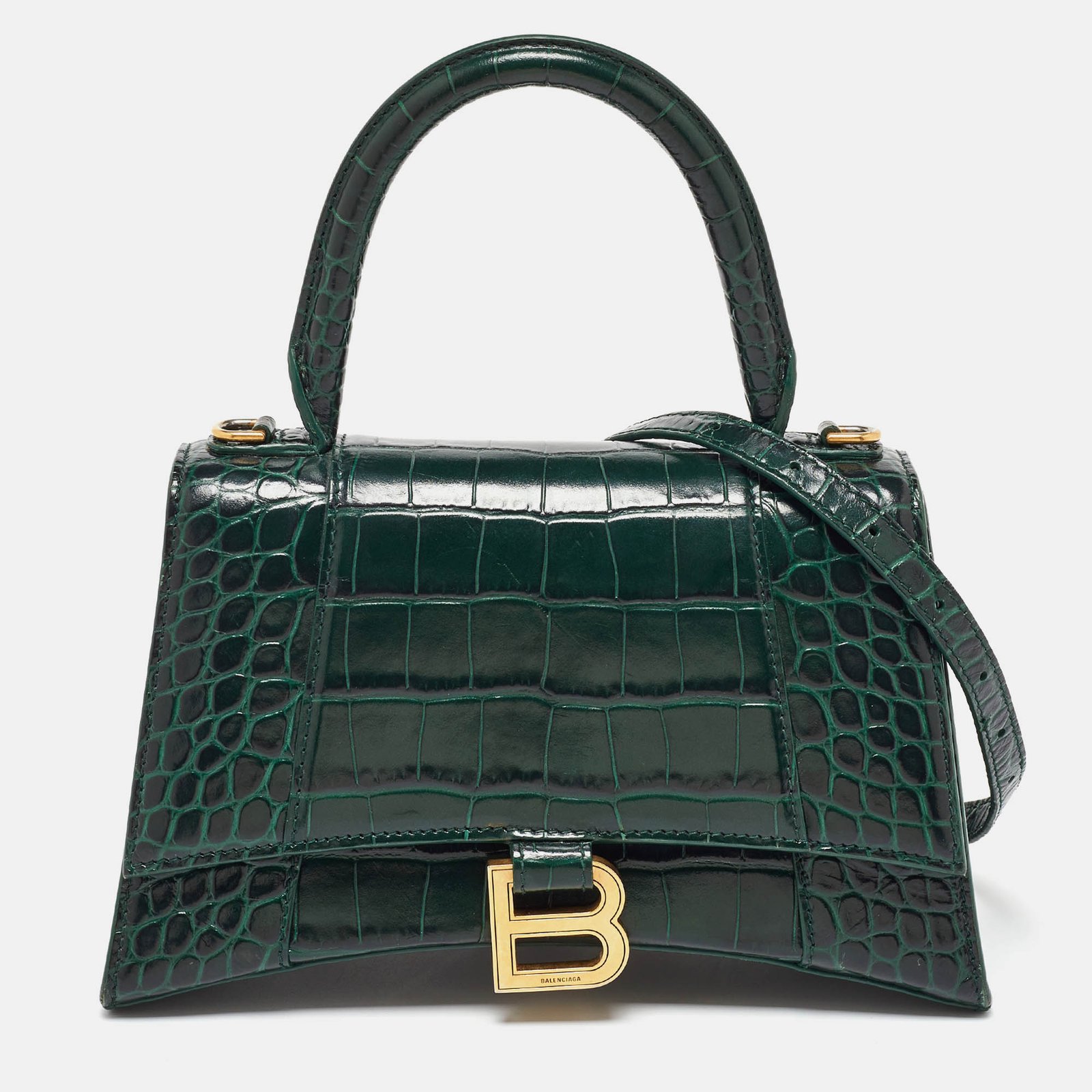 Balenciaga Dark Green Croc Embossed Leather Small Hourglass Top Handle Bag