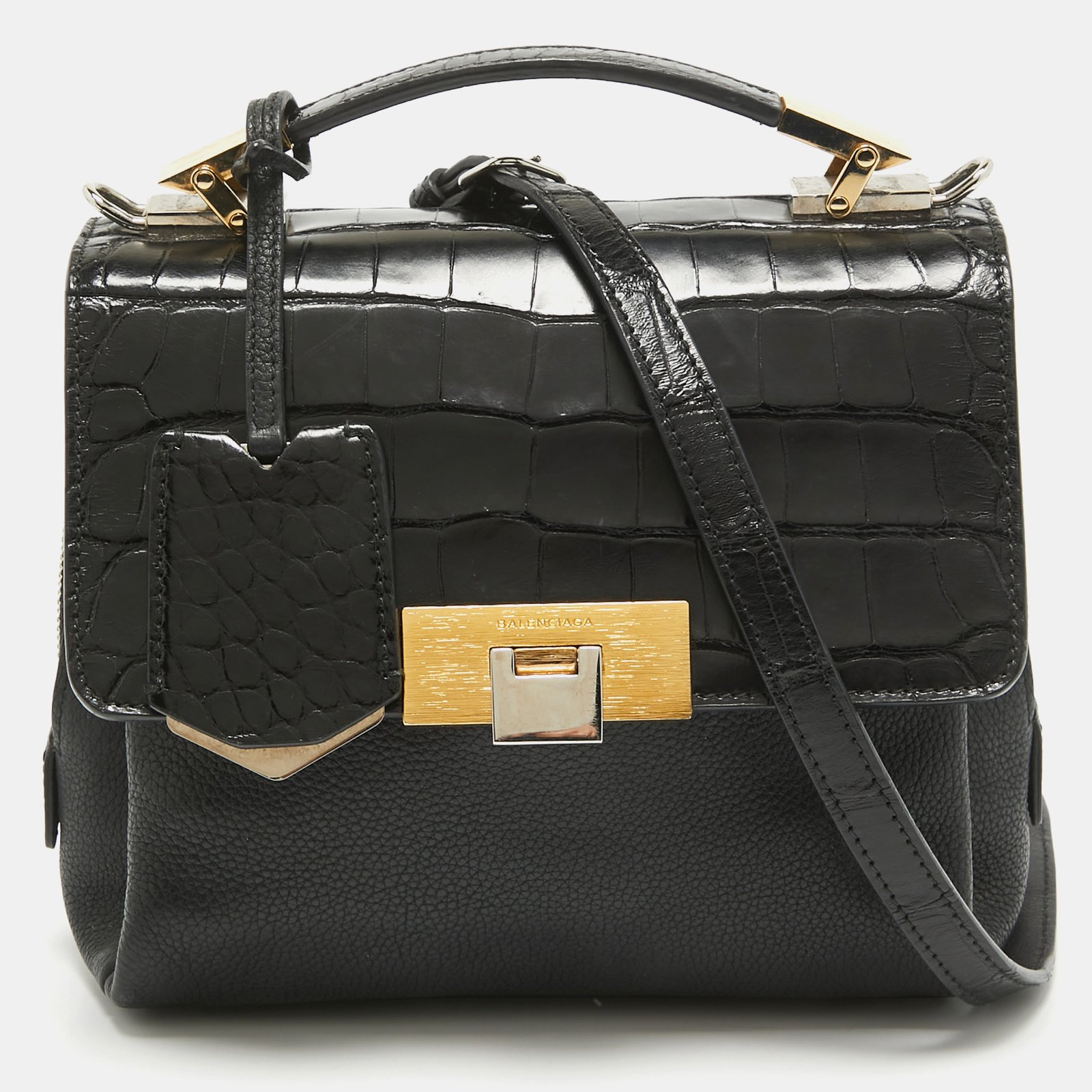 Balenciaga Black Alligator and Leather Le Dix Cartable Top Handle Bag