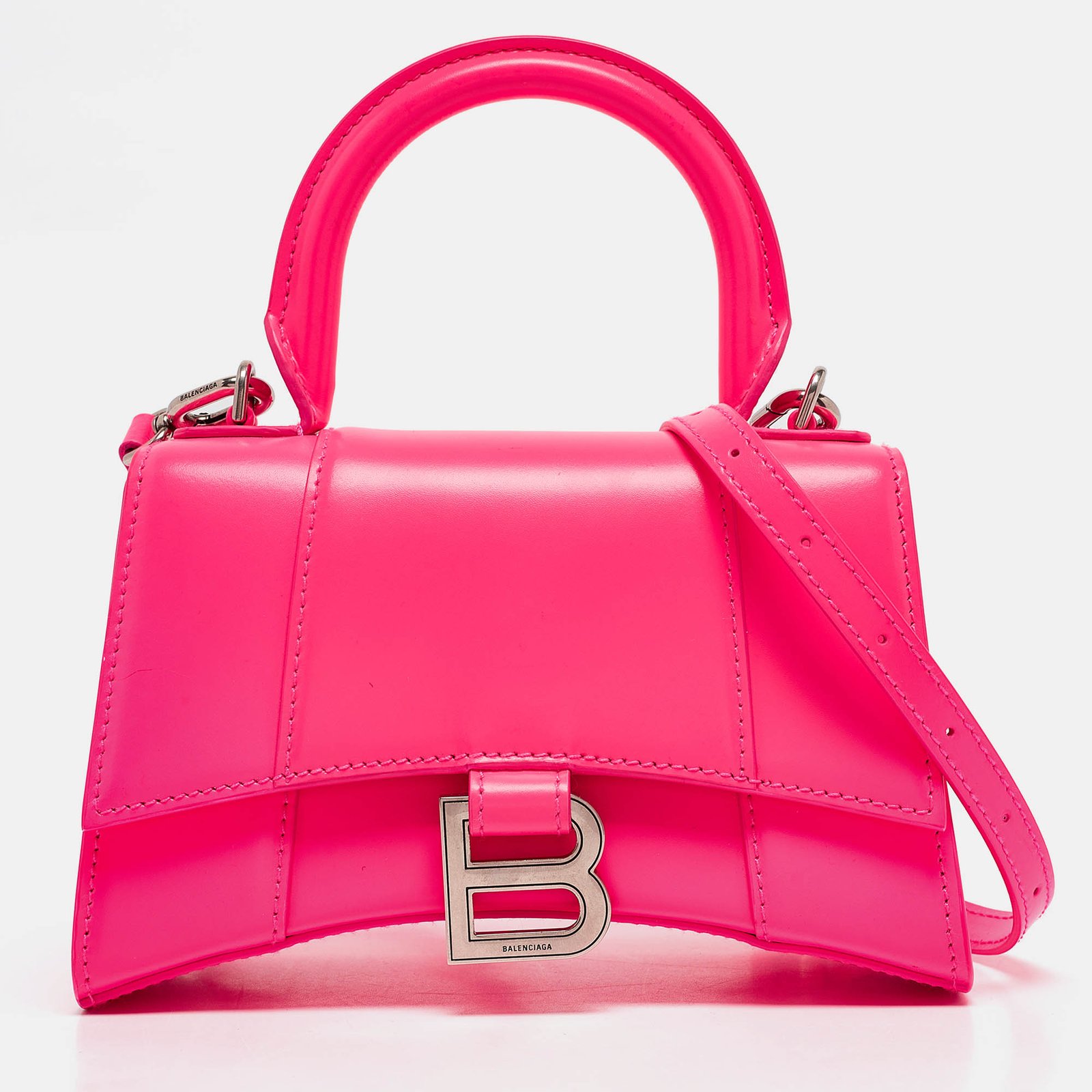 Balenciaga Neon Pink Leather XS Hourglass Top Handle Bag