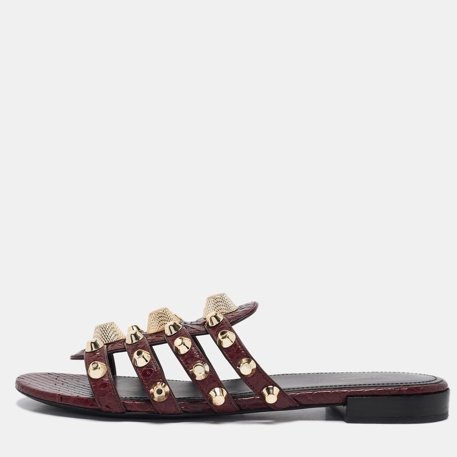 Balenciaga Burgundy Embossed Python Studded Arena Flat Slides Size 38.5