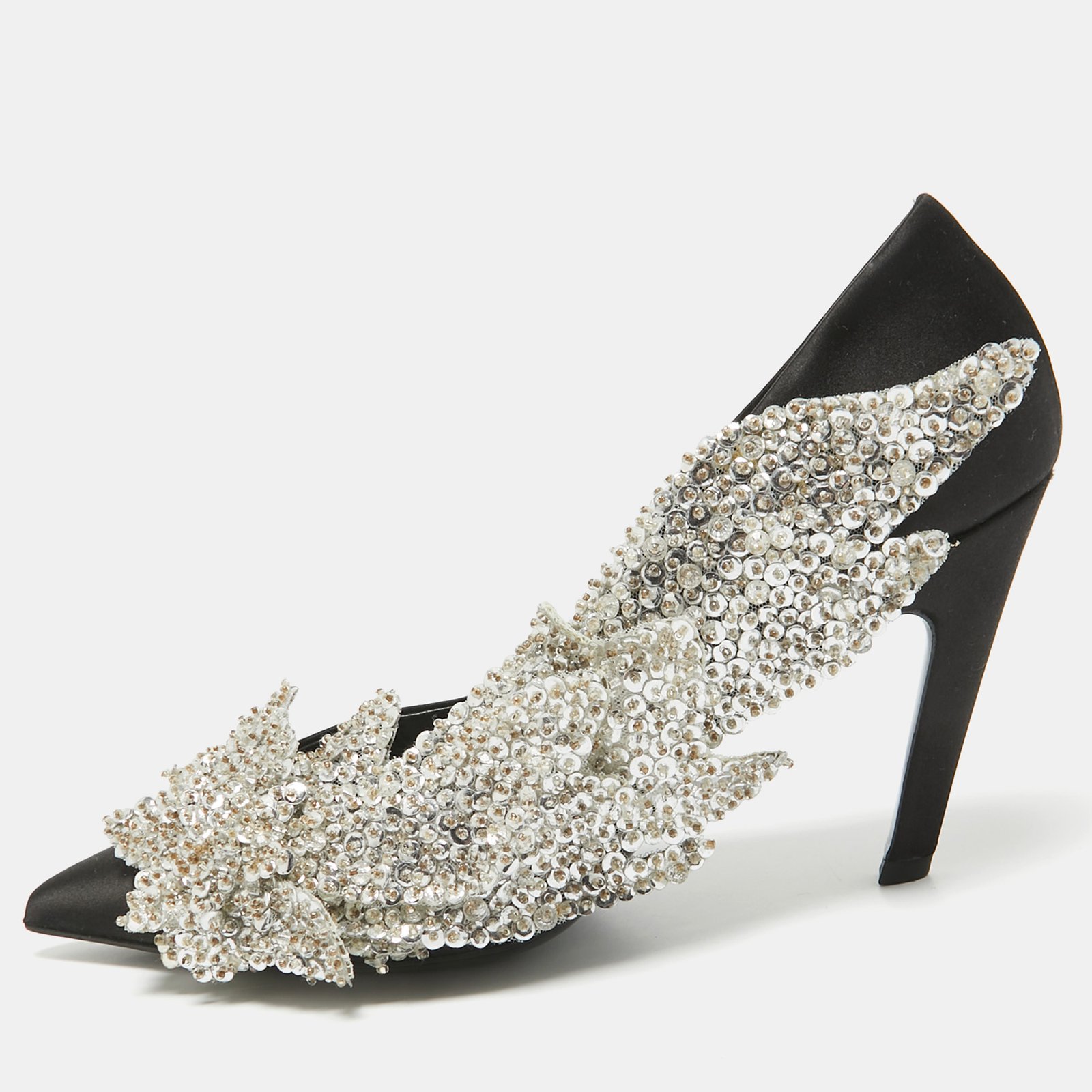 Balenciaga Black Satin Sequins Embellished Talon Slash Pumps Size 38