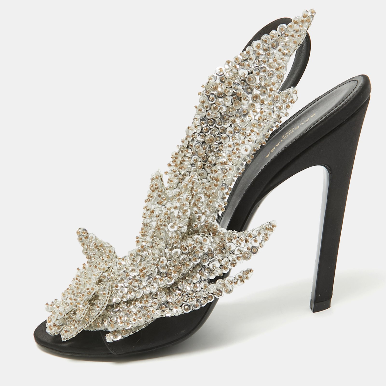 Balenciaga Black Satin Sequins Embellished Slingback Sandals Size 38.5