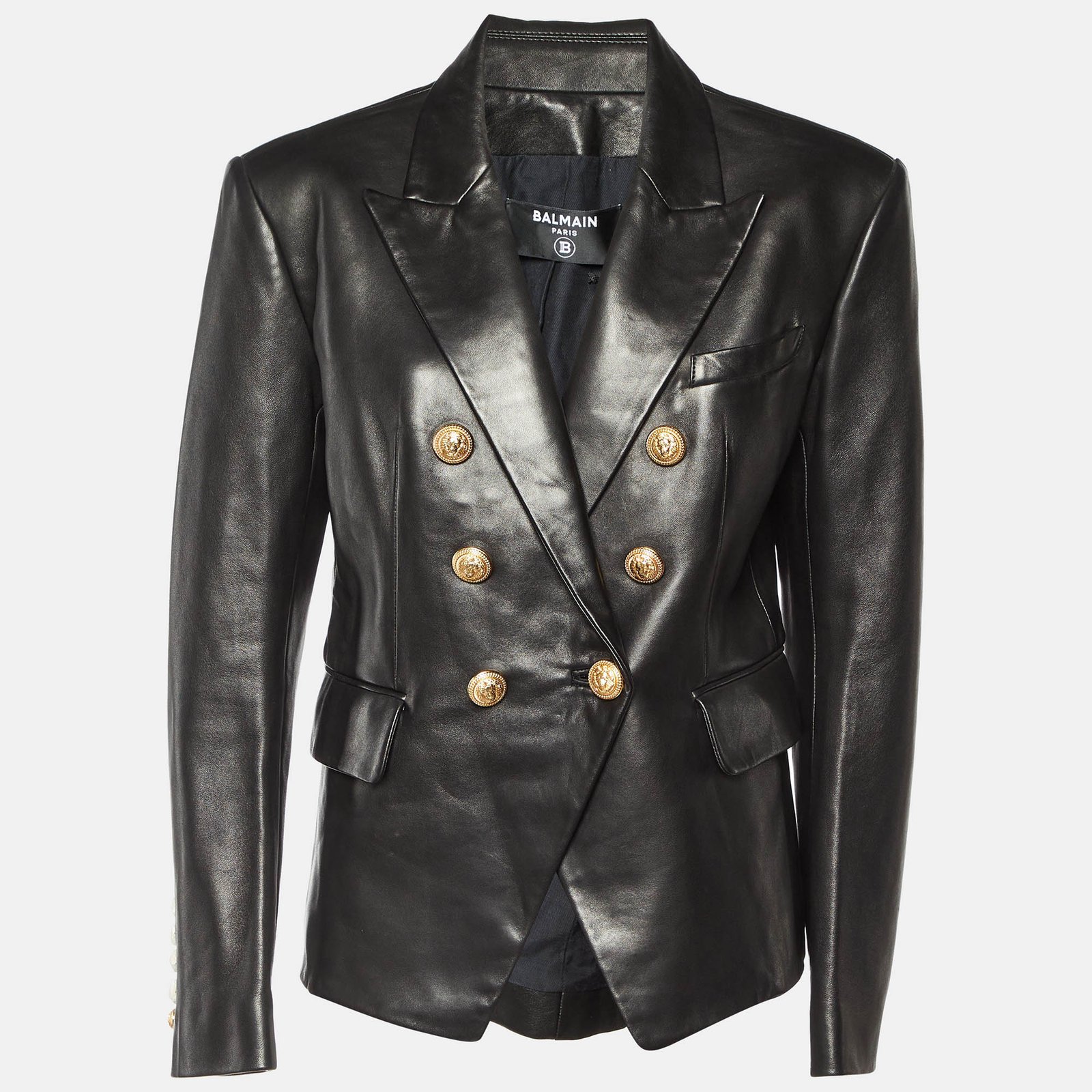 Balmain Black Leather Double Breasted Jacket XL