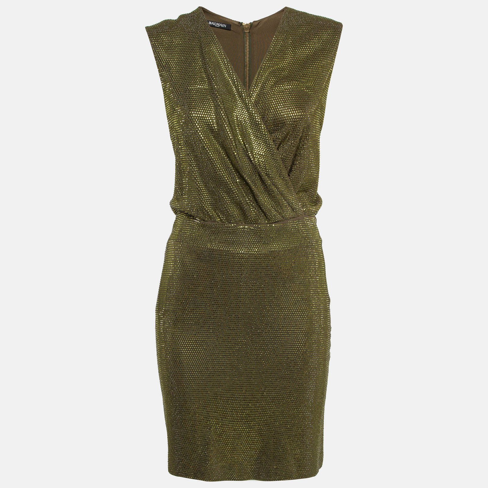 Balmain Green Embellished Jersey V-Neck Sleeveless Dress M