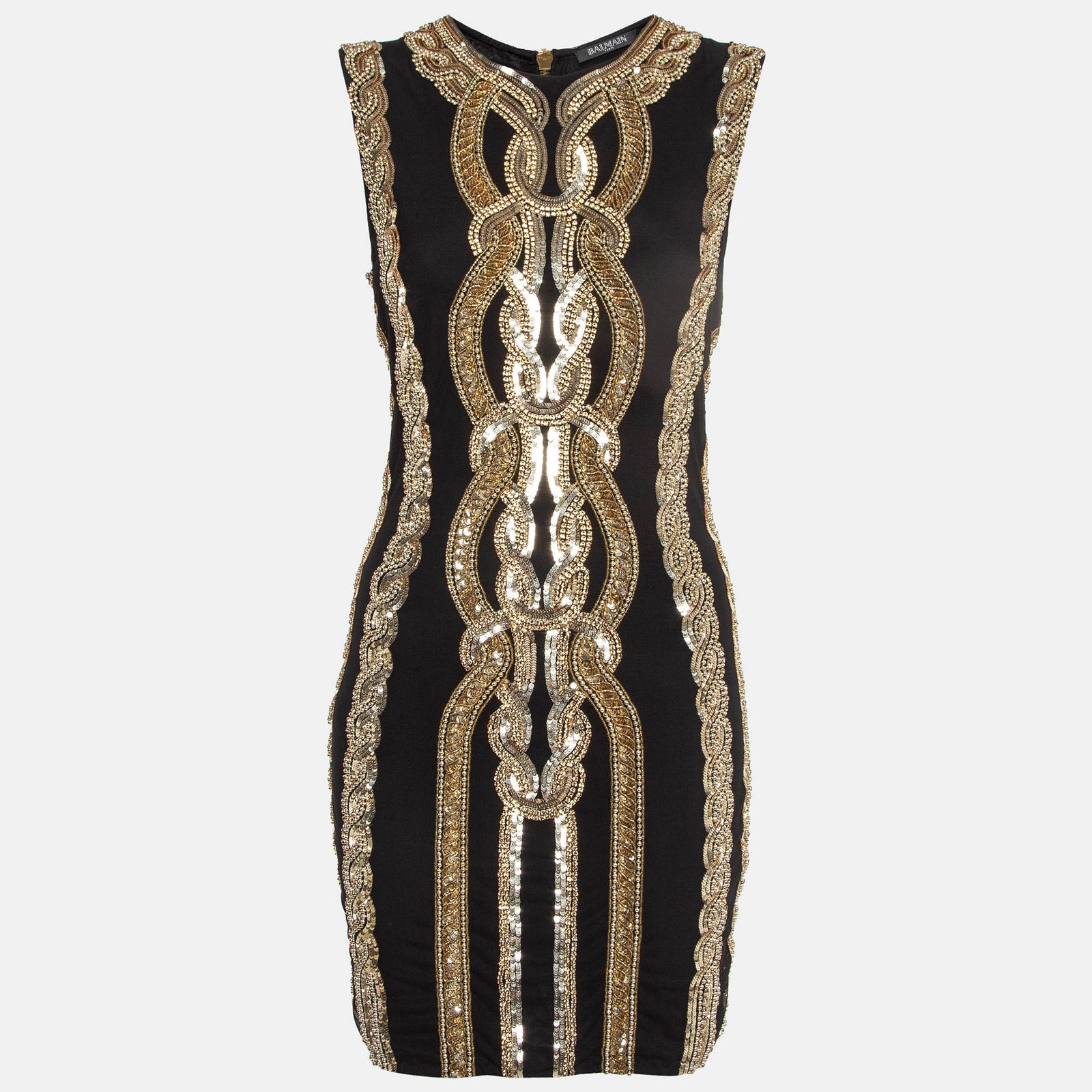 Balmain Black/ Gold Sequin and Crystal Embellished Mesh Mini Dress M