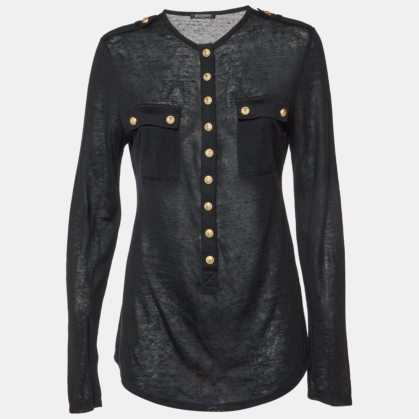 Balmain Black Linen Knit Button Detail Long Sleeve Top M