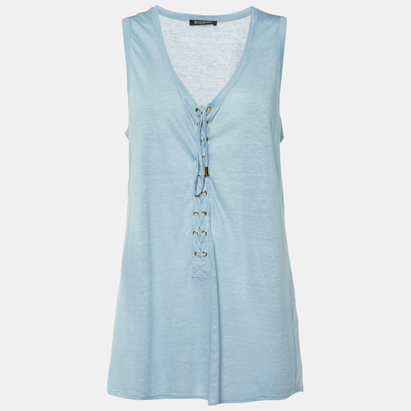 Balmain Navy Blue Cashmere Knit Lace-Up Tank Top M