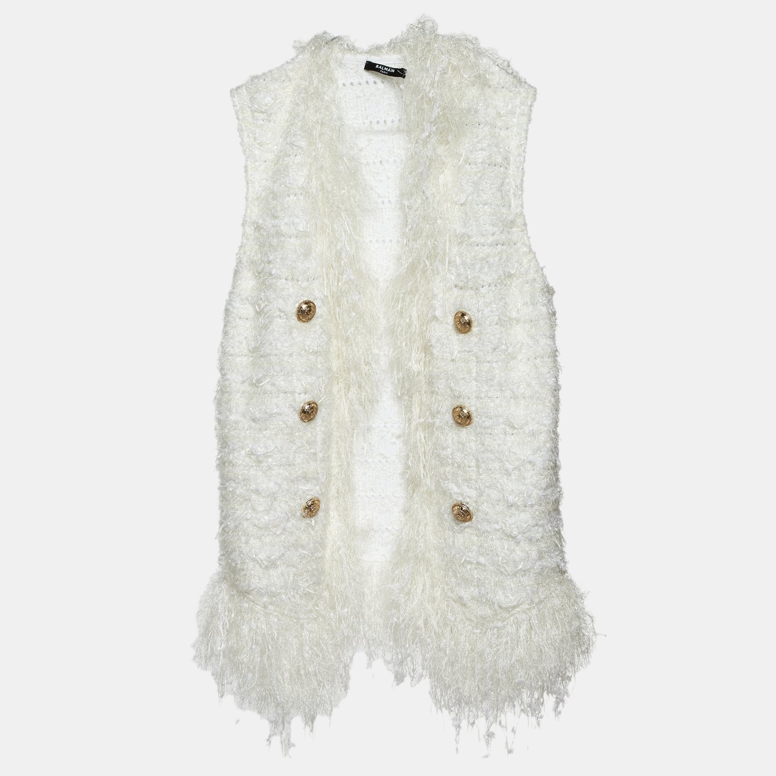 Balmain White Patterned Knit Fringed Open Front Cardigan M