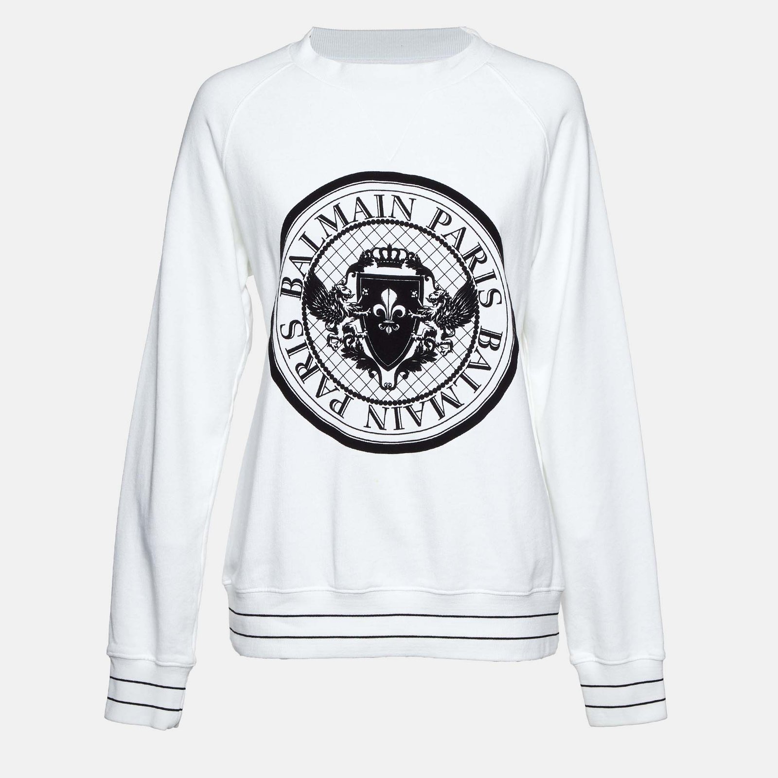 Balmain White Logo Flock Print Cotton Sweatshirt M