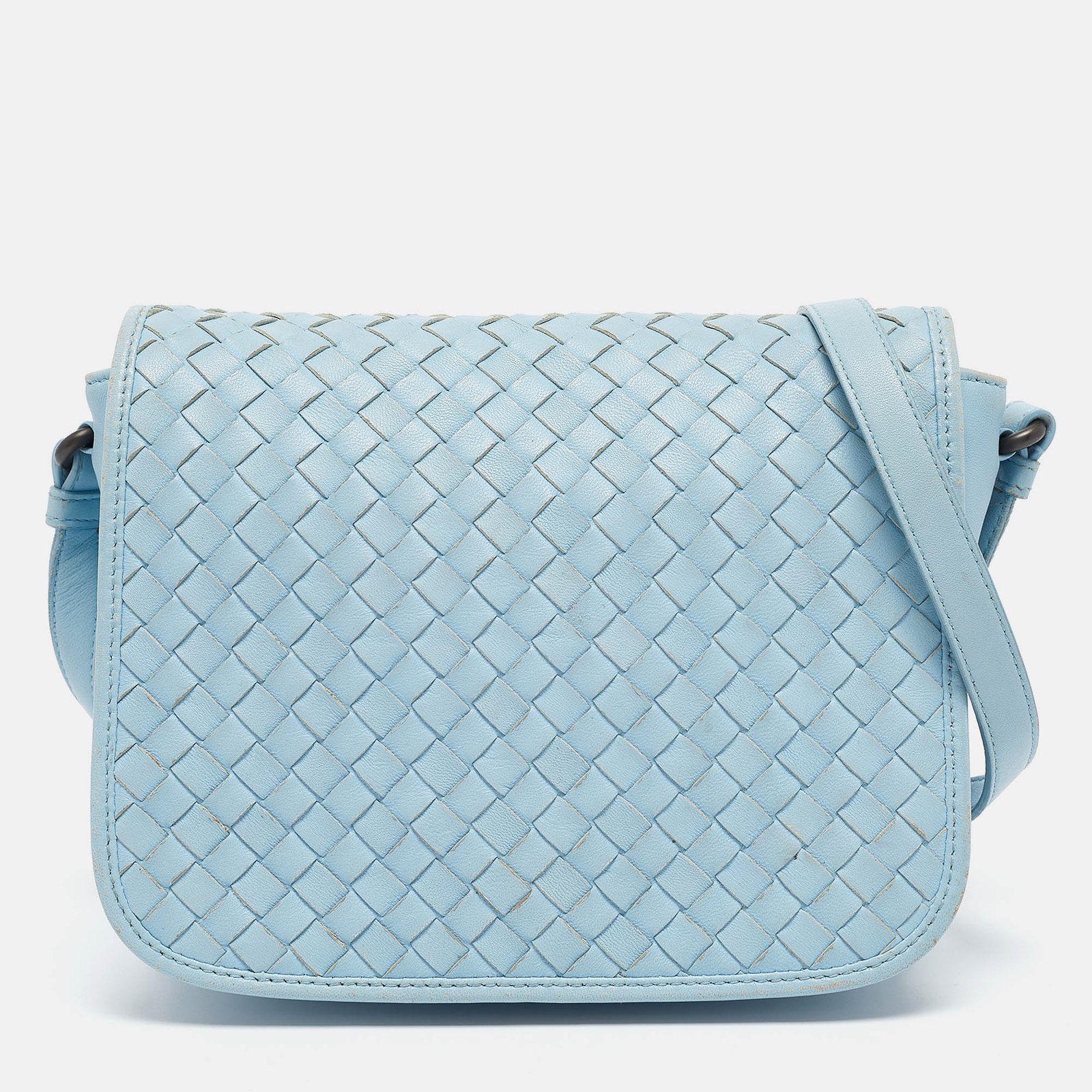 Bottega Veneta Light Blue Intrecciato Leather Flap Crossbody Bag