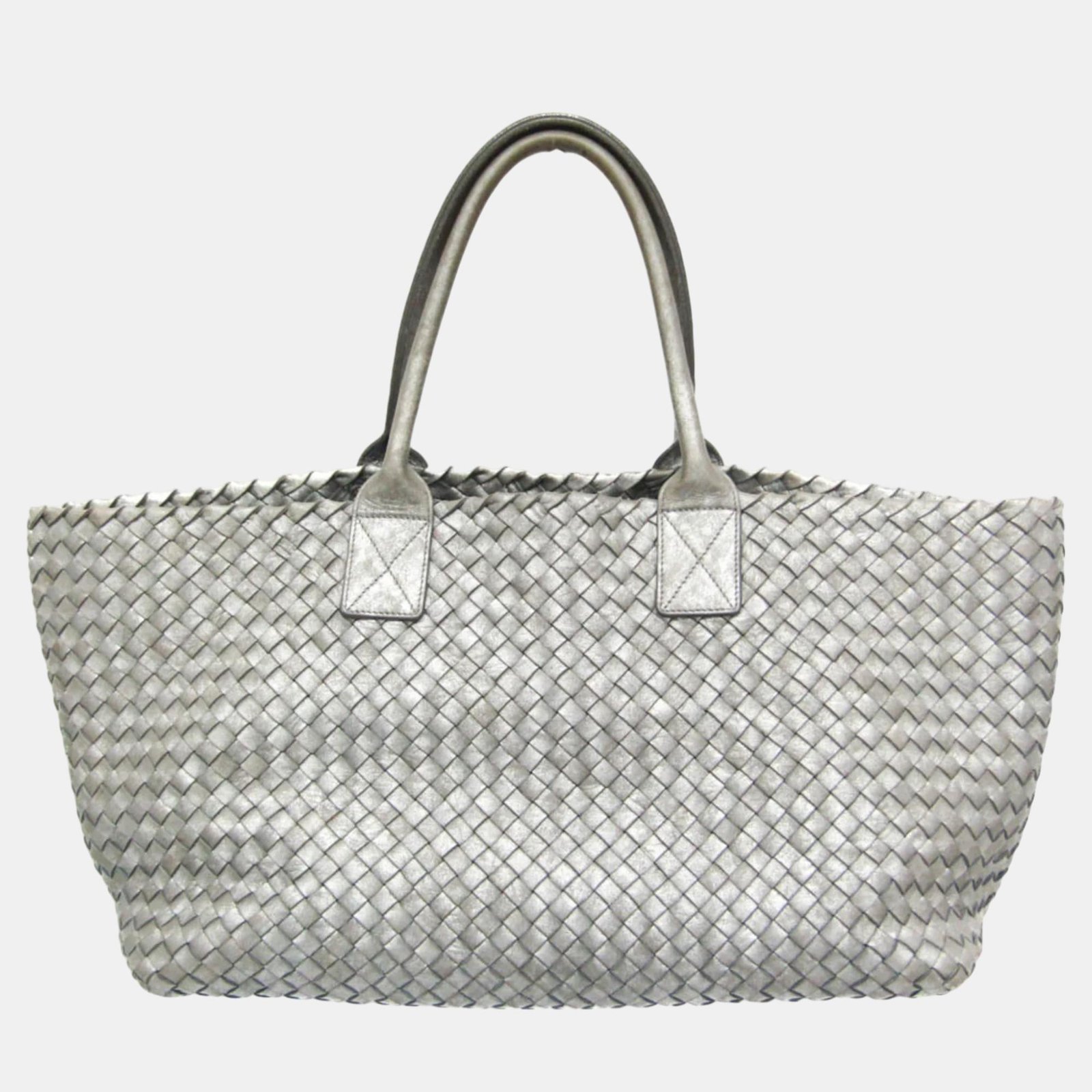 Bottega Veneta Silver Intrecciato Cabas MM Leather Tote Bag