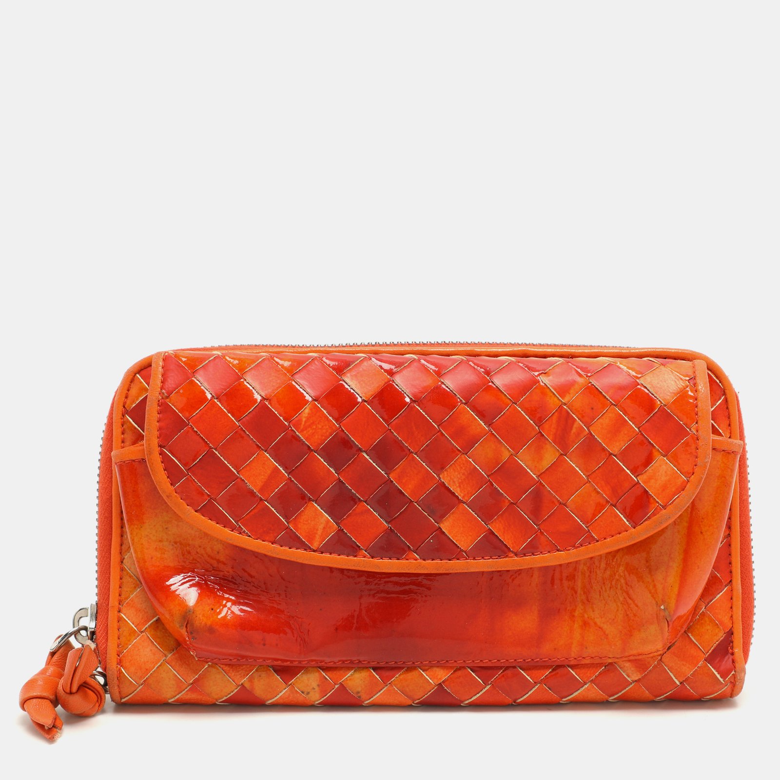 Bottega Veneta Orange Intrecciato Patent Leather Zip Around Wallet