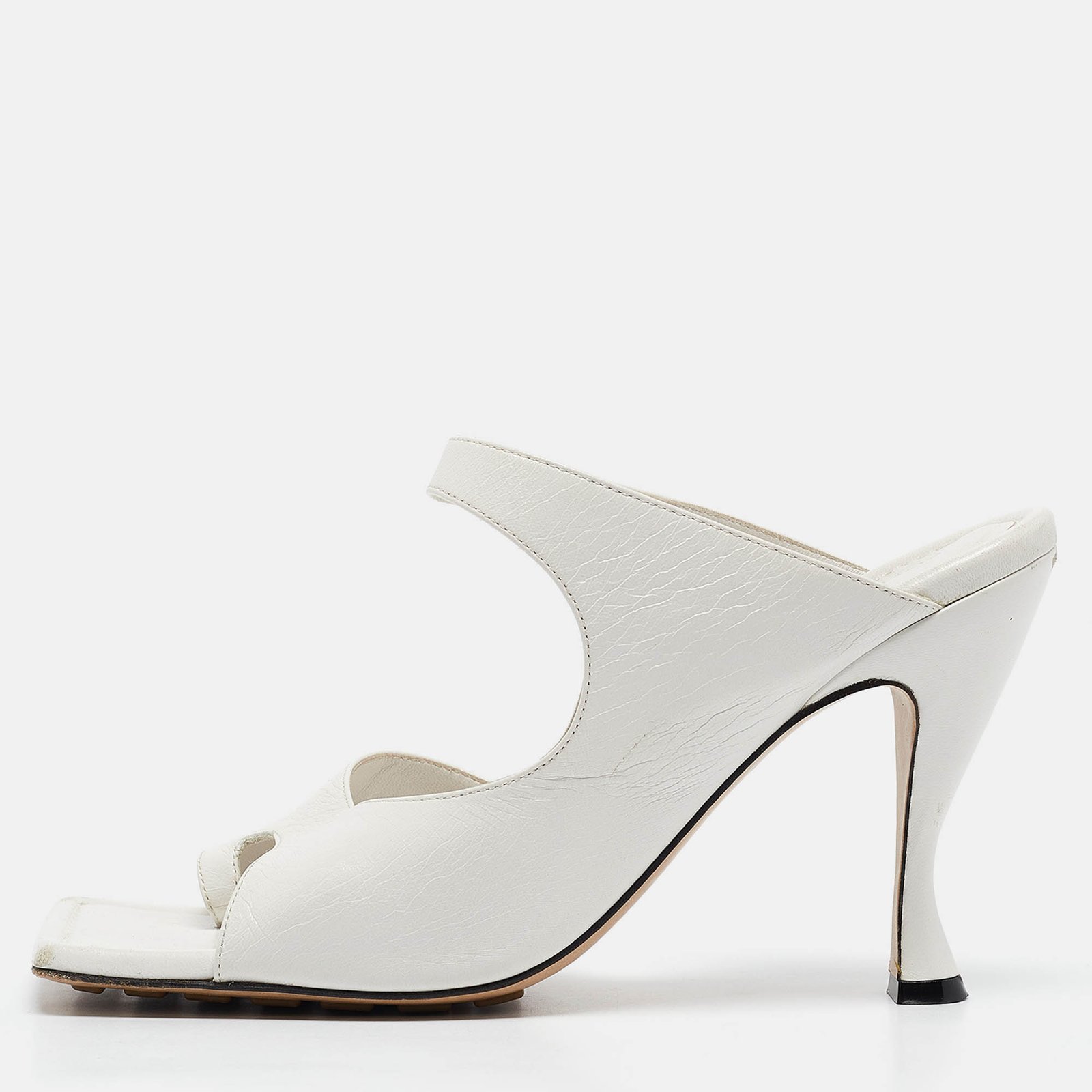 Bottega Veneta White Leather Square Toe Slide Sandals Size 40