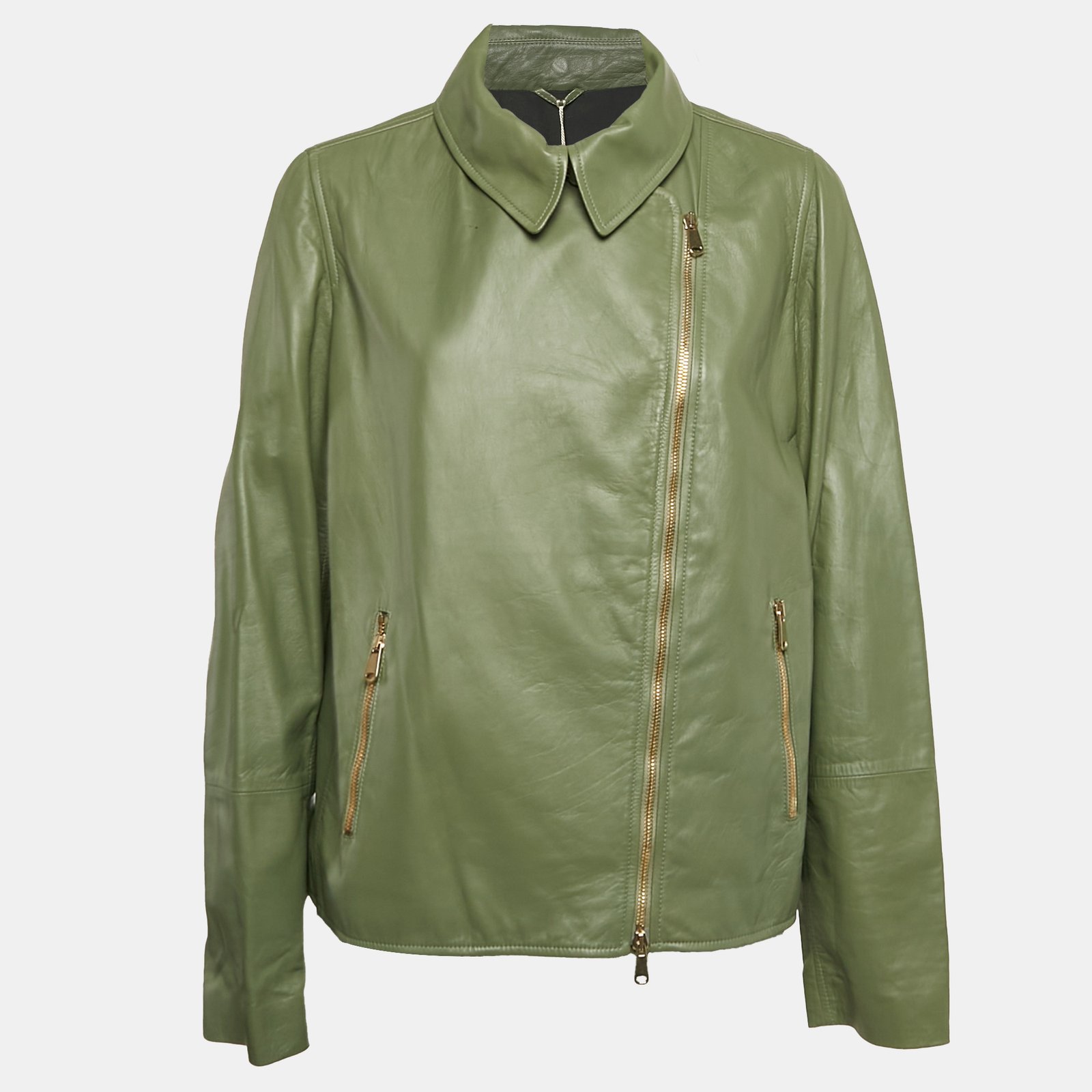 Brunello Cucinelli Green Leather Monili Bead Neck Belted Jacket L