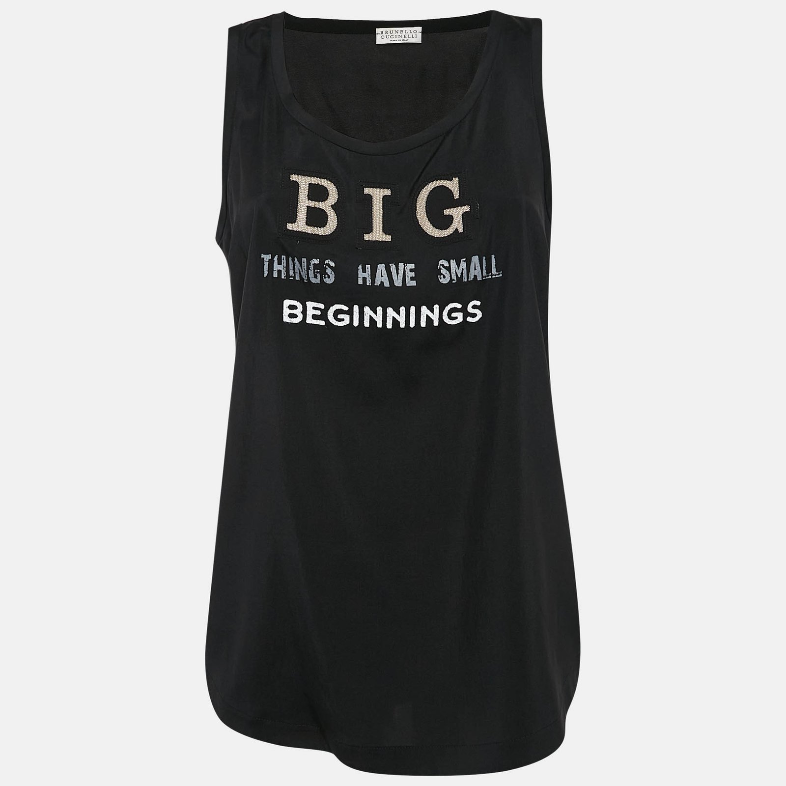 Brunello Cucinelli Black Printed Silk Monili Bead Detail Tank Top M