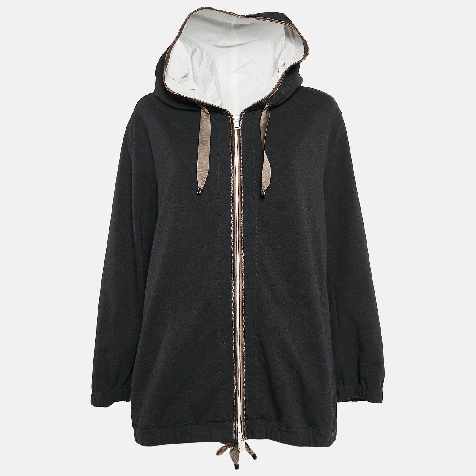 Brunello Cucinelli Dark Grey Cotton Knit Monili Bead Detail Hoodie M