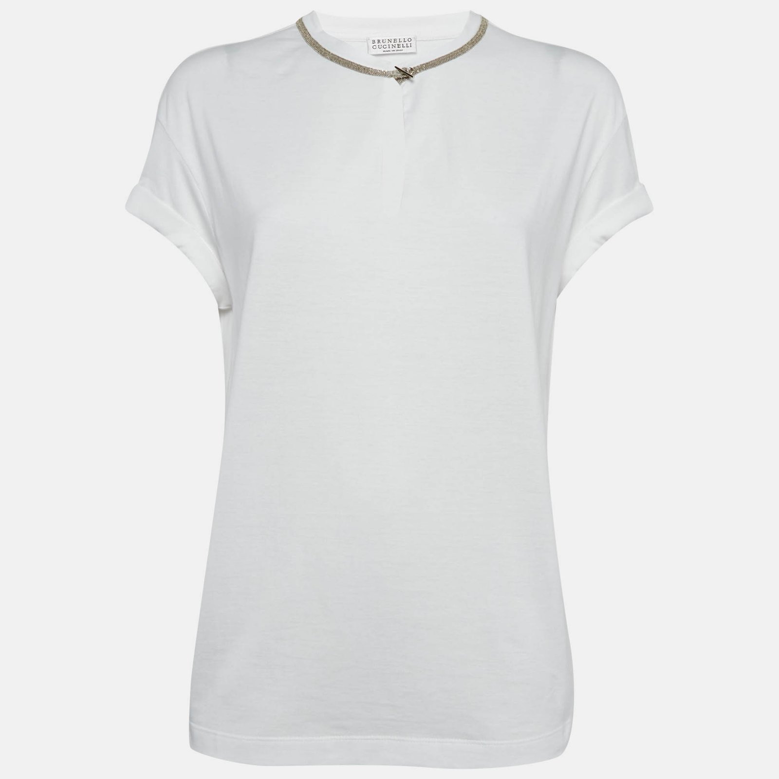 Brunello Cucinelli White Monili Neck Detail Cotton Roll-Up Sleeve T-Shirt M