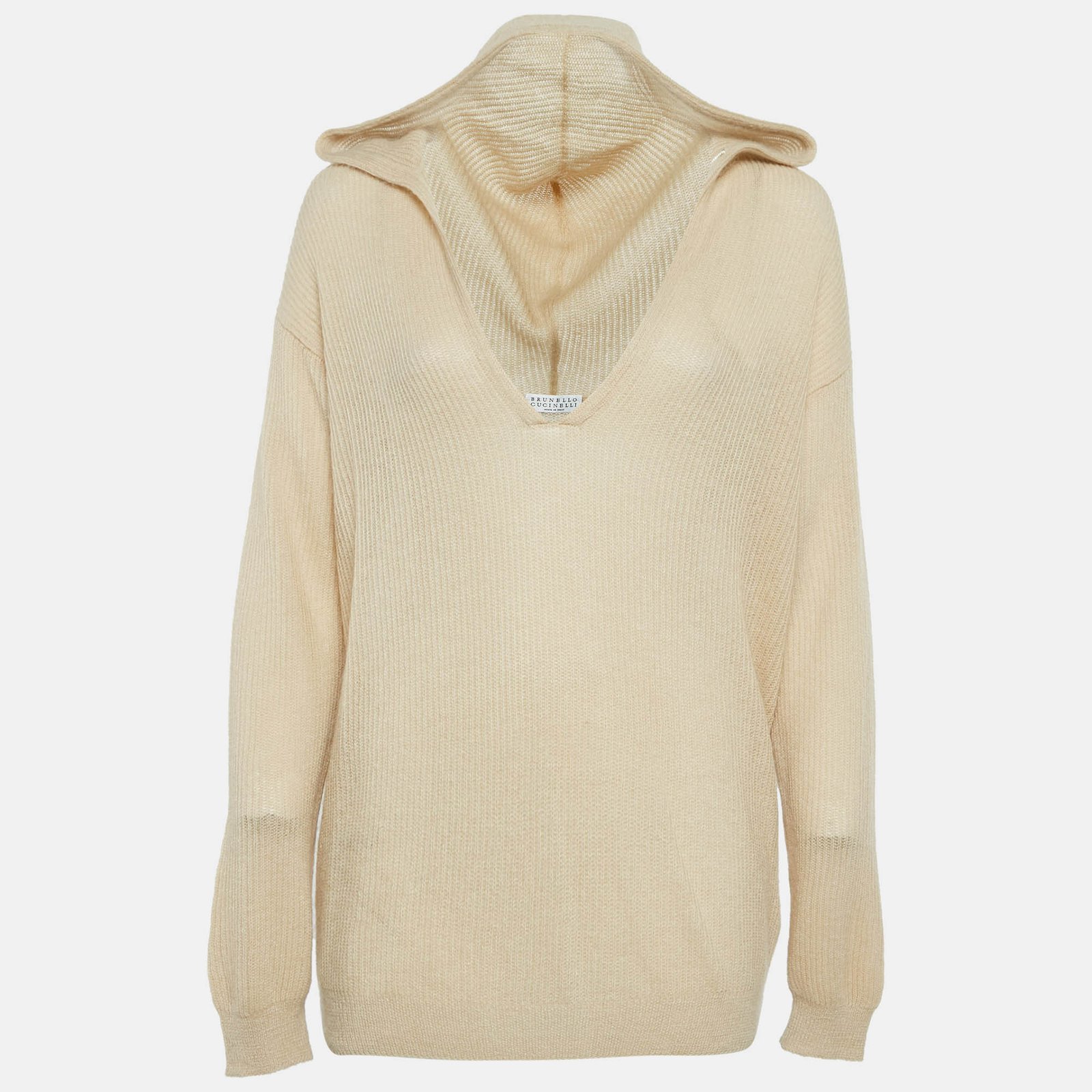 Brunello Cucinelli Beige Rib Knit Hooded Sweater L
