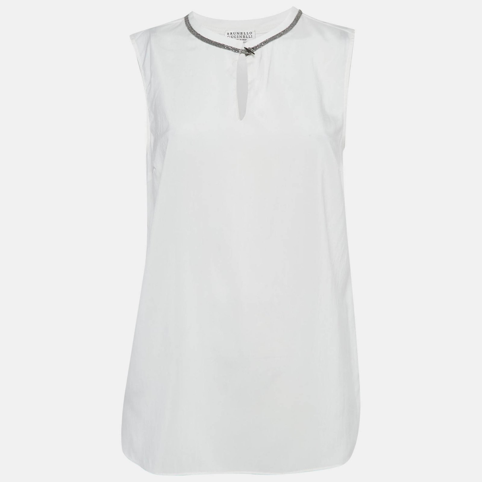 Brunello Cucinelli White Monili Neck Detail Silk Sleeveless Top M
