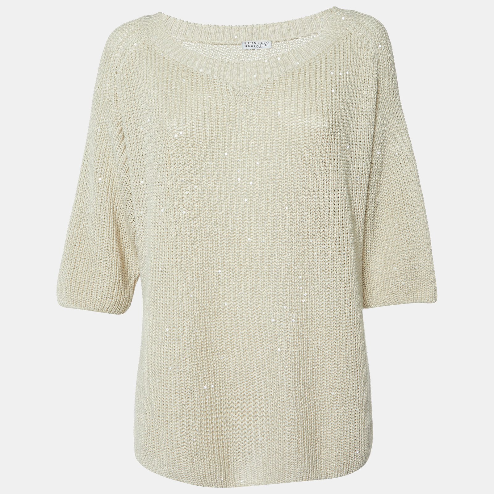 Brunello Cucinelli Beige Sequin Rib Knit V-Neck Sheer Sweater L