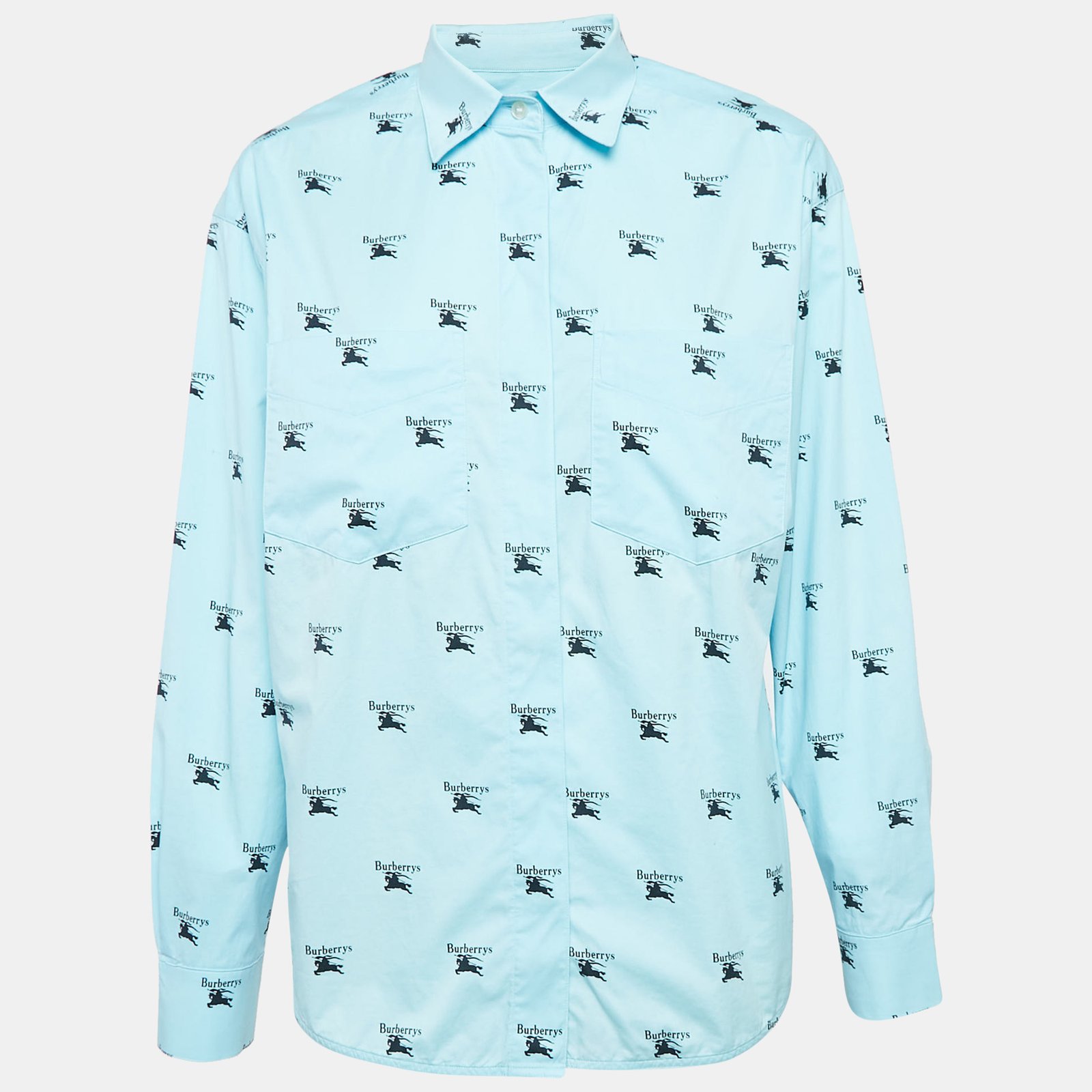 Burberry Blue Logo Print Cotton Oversized Shirt S