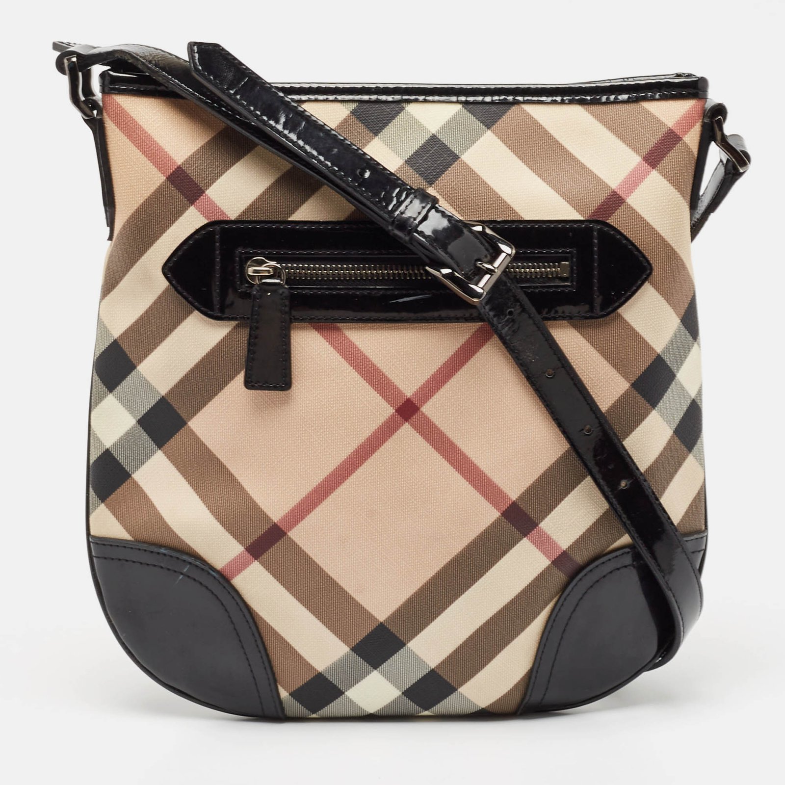Burberry Black/Beige Nova Check Patent Leather and PVC Dryden Crossbody Bag