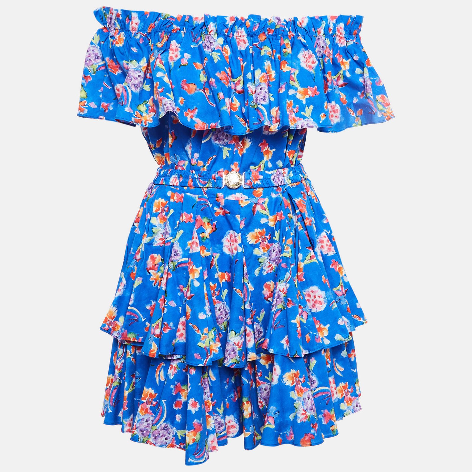Caroline Constas Blue Printed Cotton Blend Ruffled Mini Dress M