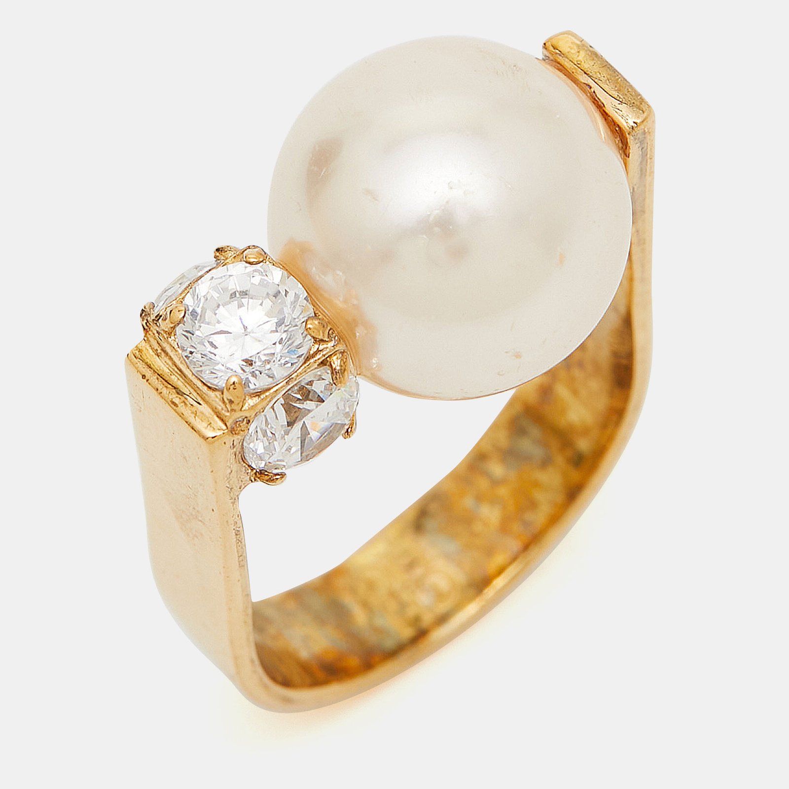 Carolina Herrera Faux Pearl Crystal Gold Tone Ring Size 52