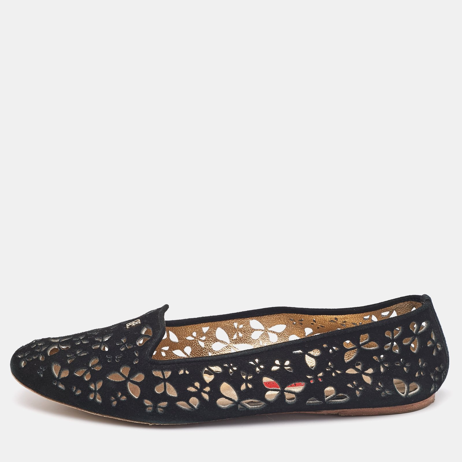 CH Carolina Herrera Black Lazer Cut Suede Smoking Slippers Size 40
