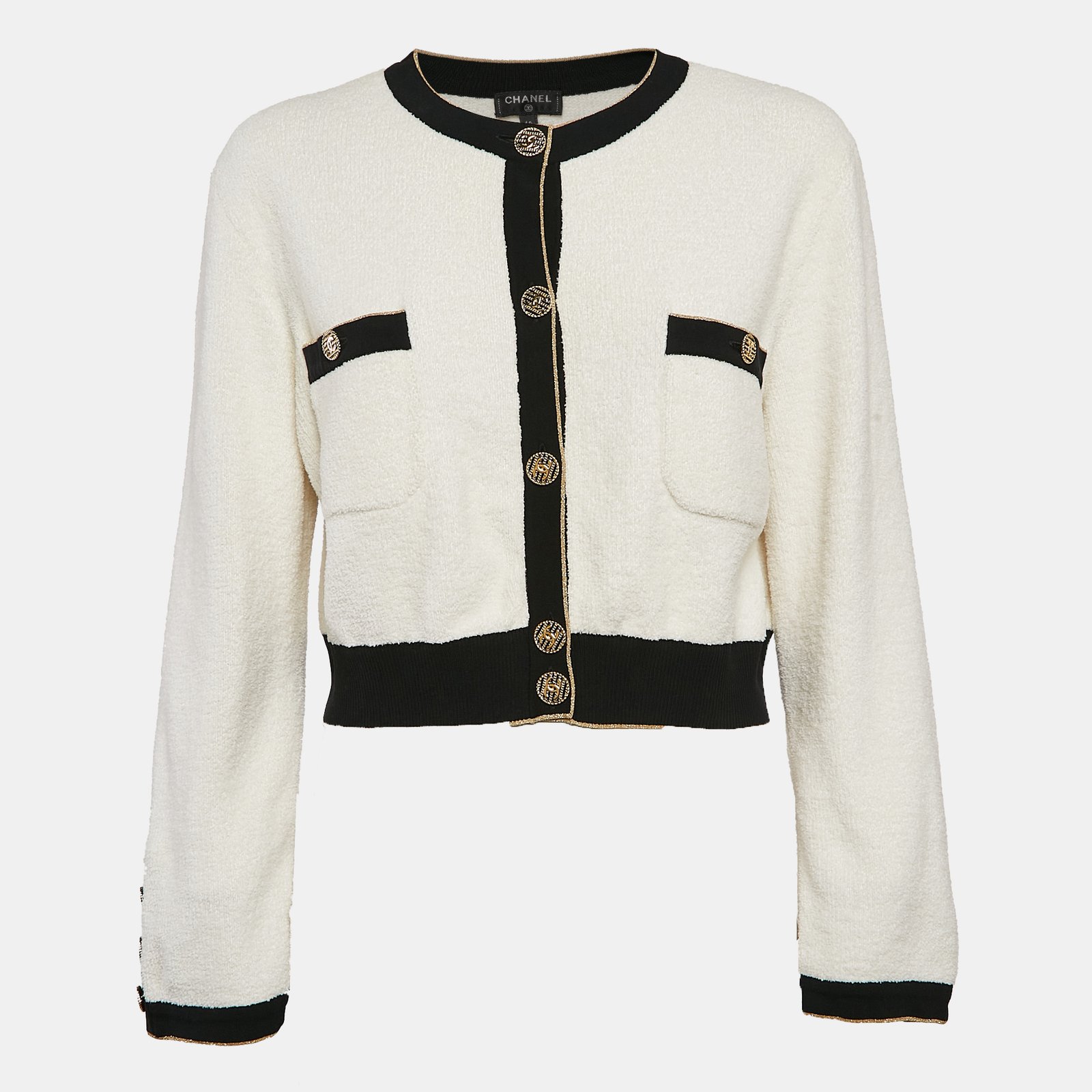 Chanel White Terry Cotton Contrast Trim Cardigan M