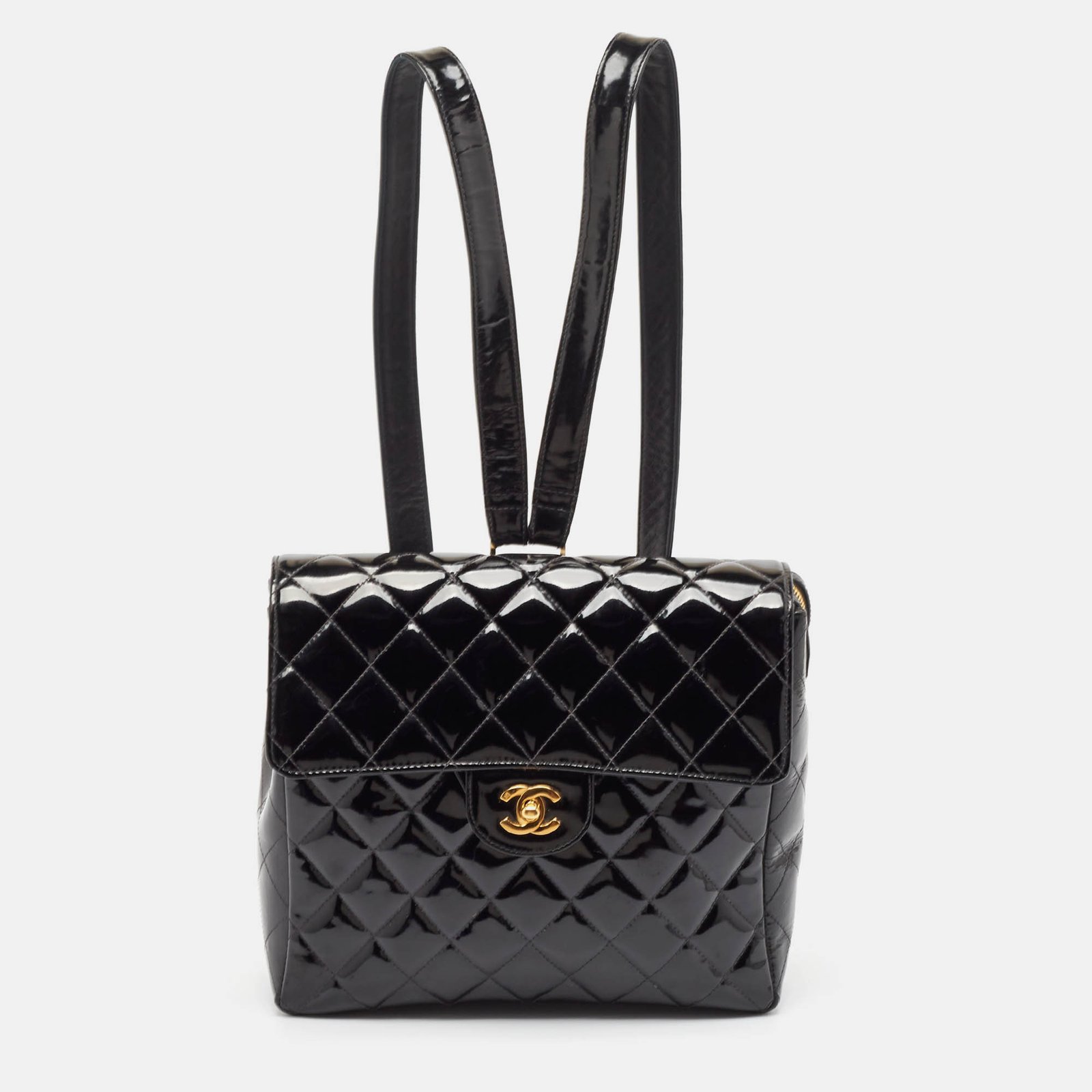 Chanel Black Quilted Patent Leather CC Flap Backpack