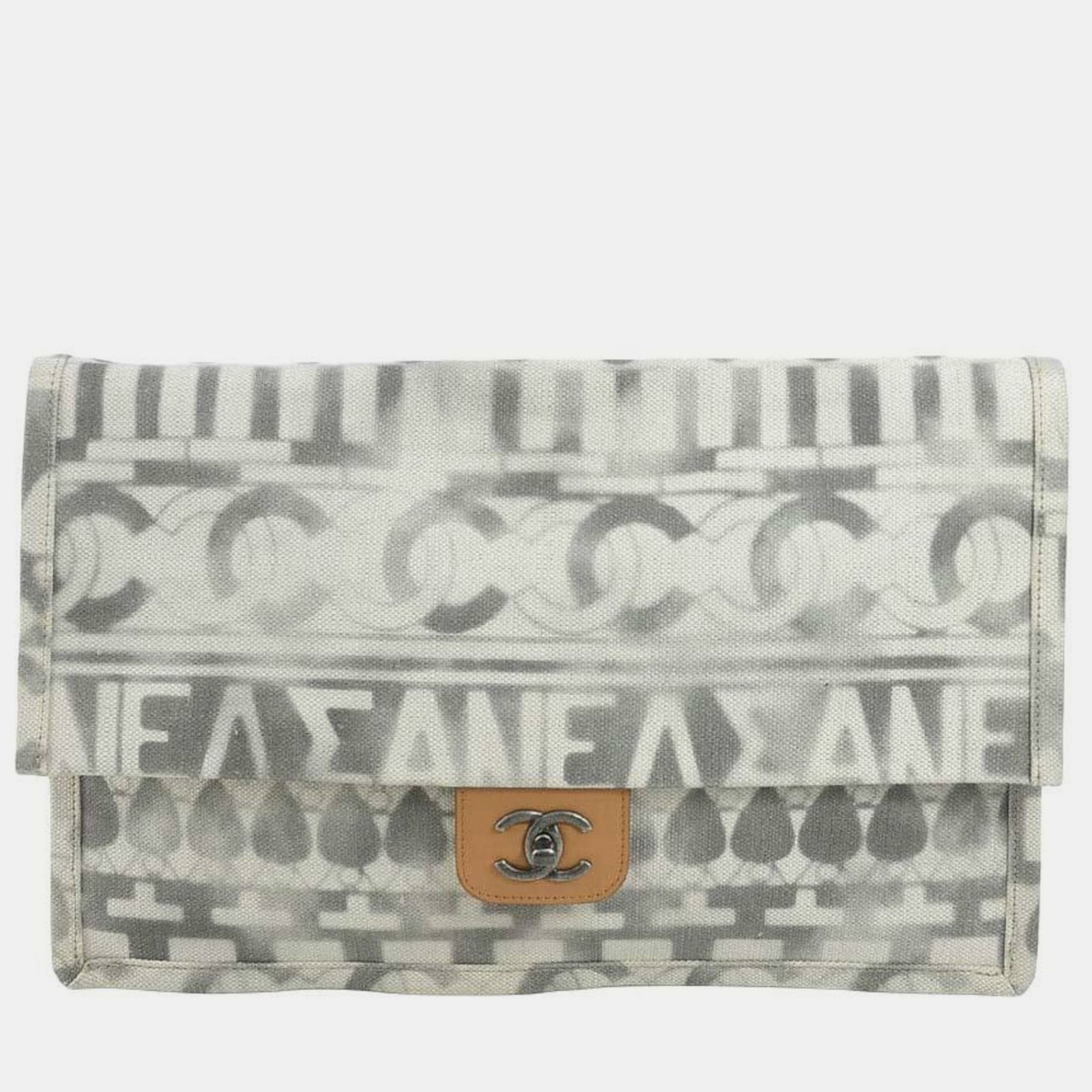 Chanel Off-White/Grey Canvas Coco Mark Clutch Bag