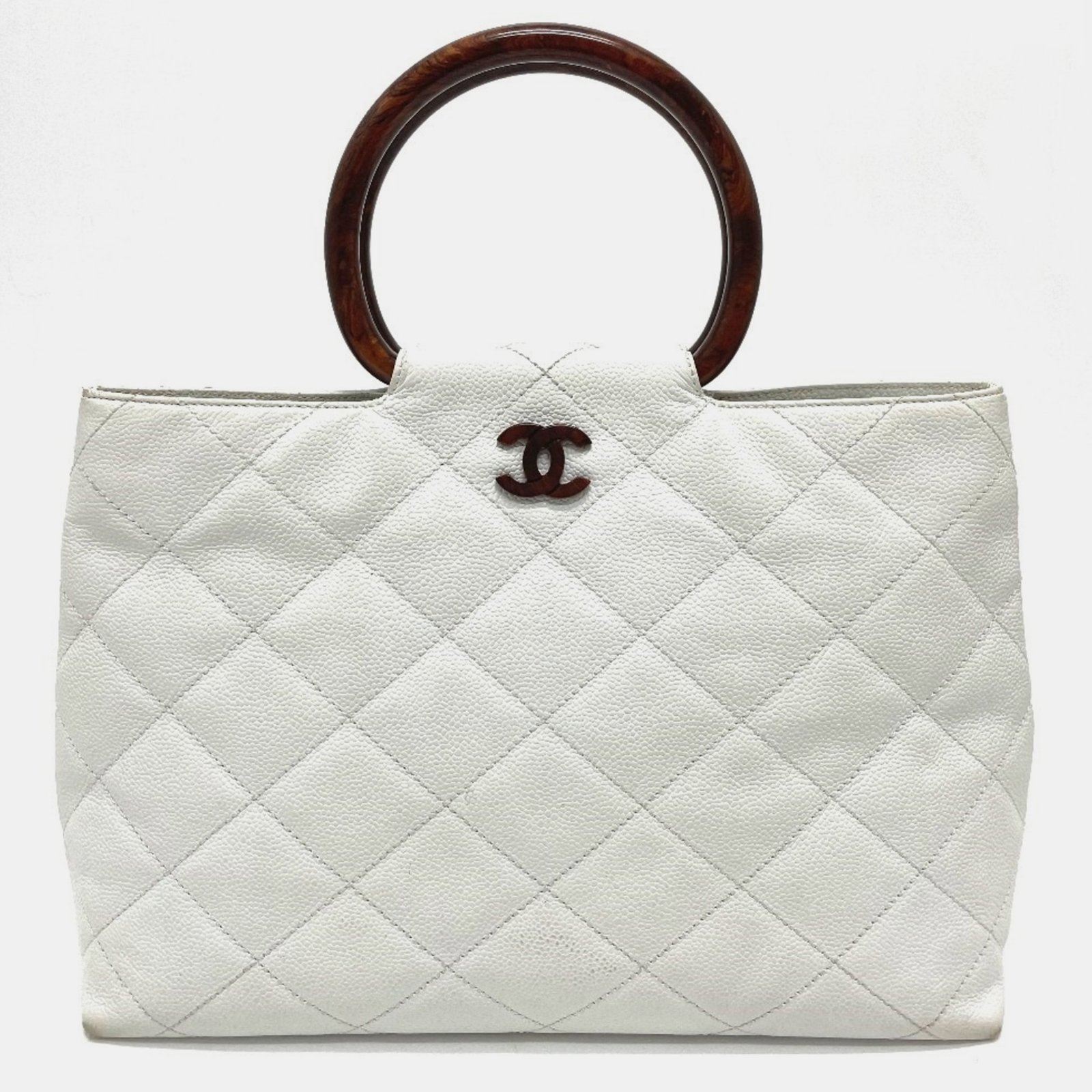 Chanel White X Brown cc Mark Round Handle Wood Style Hand Bag