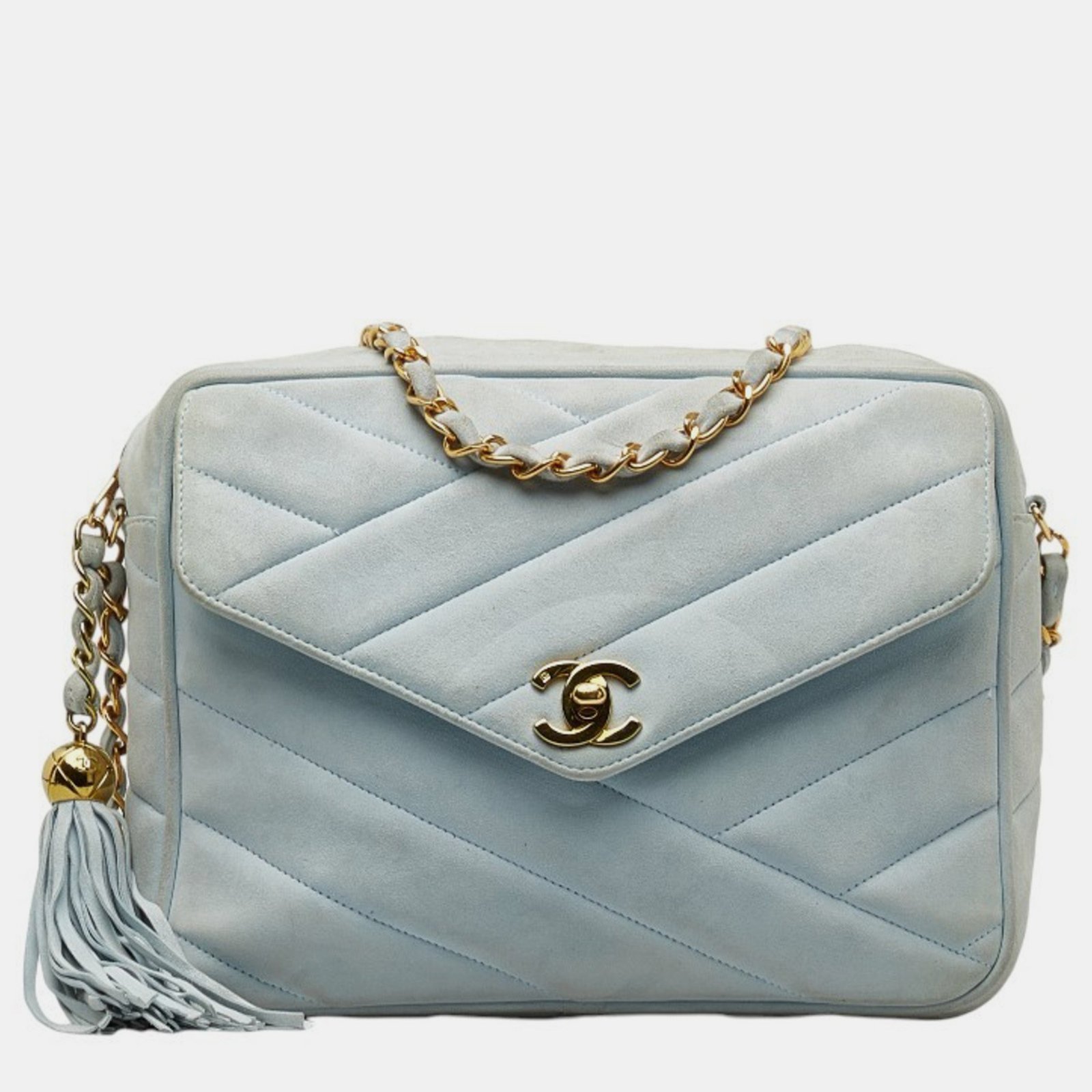Chanel Blue Gold Suede Bias Stitch Coco Mark Ball Chain Shoulder Bag