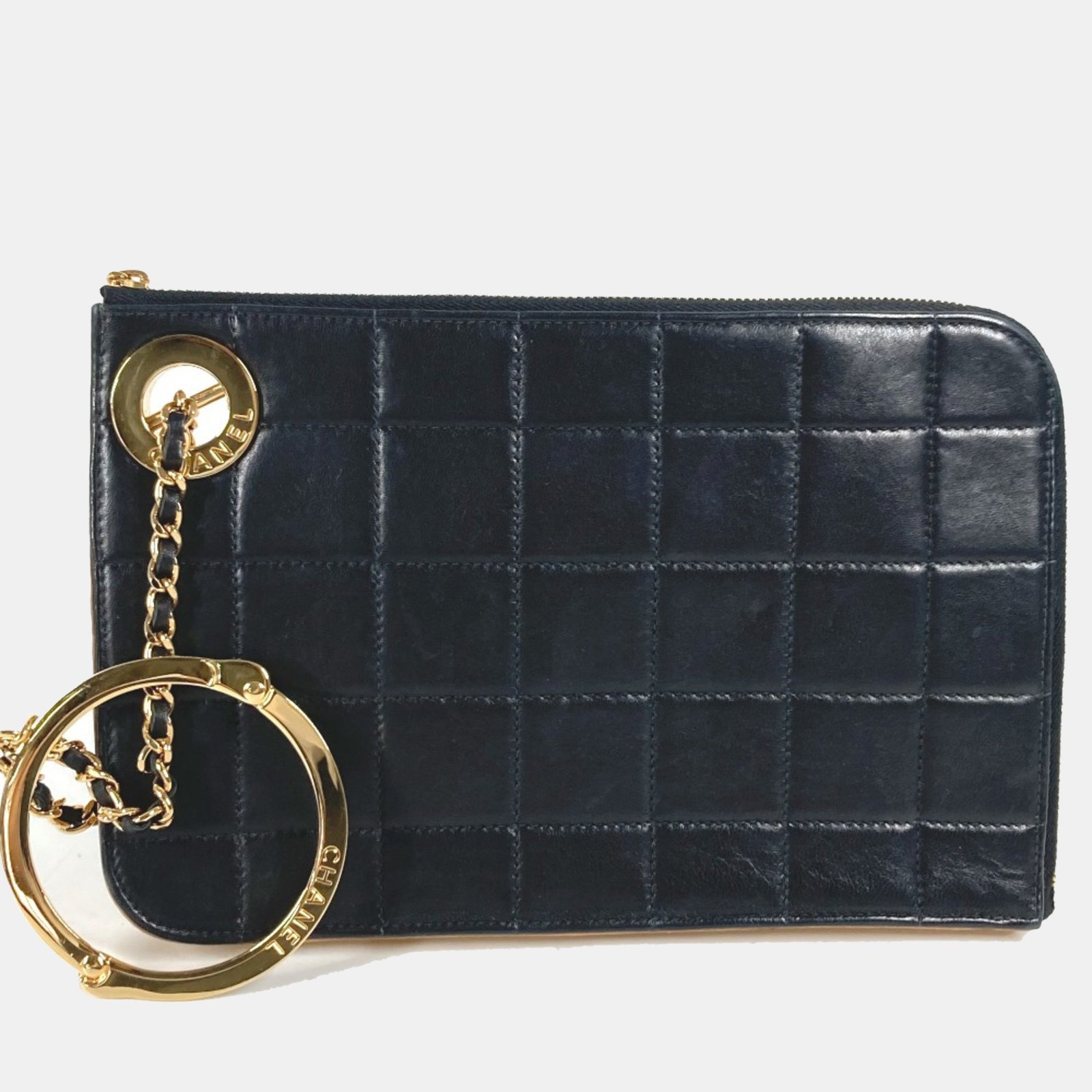 Chanel Black Gold Chocolate Bar L-Shaped Zipper Chain Clutch Bag