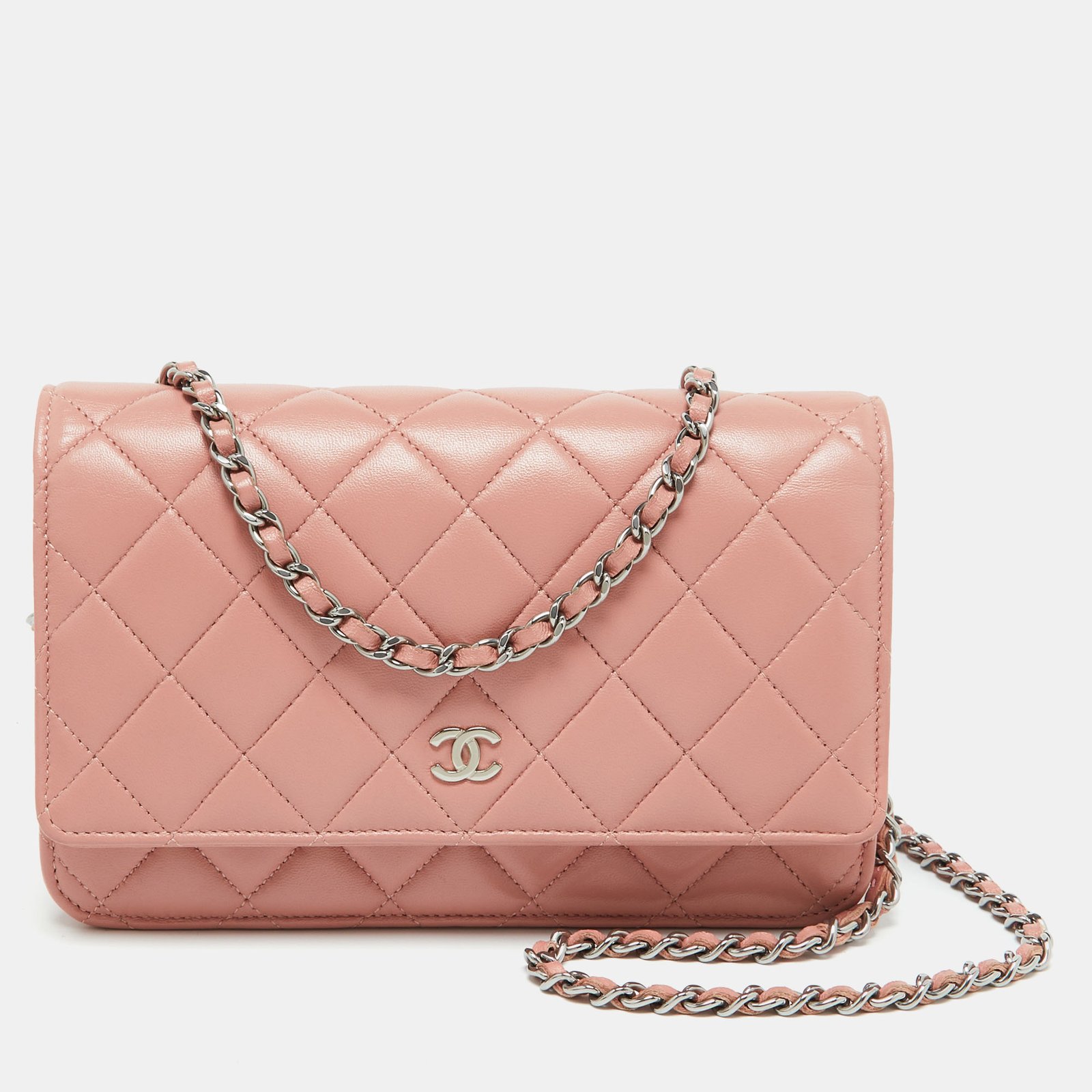 Chanel Peach Pink Quilted Leather CC Flap Wallet on Chain