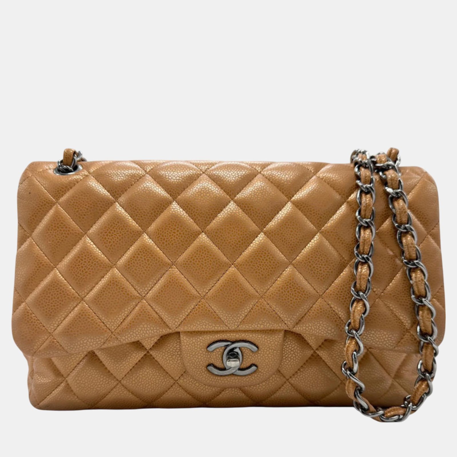 Chanel Light Bronze Caviar Skin Leather Matelasse Double Flap Shoulder Bag