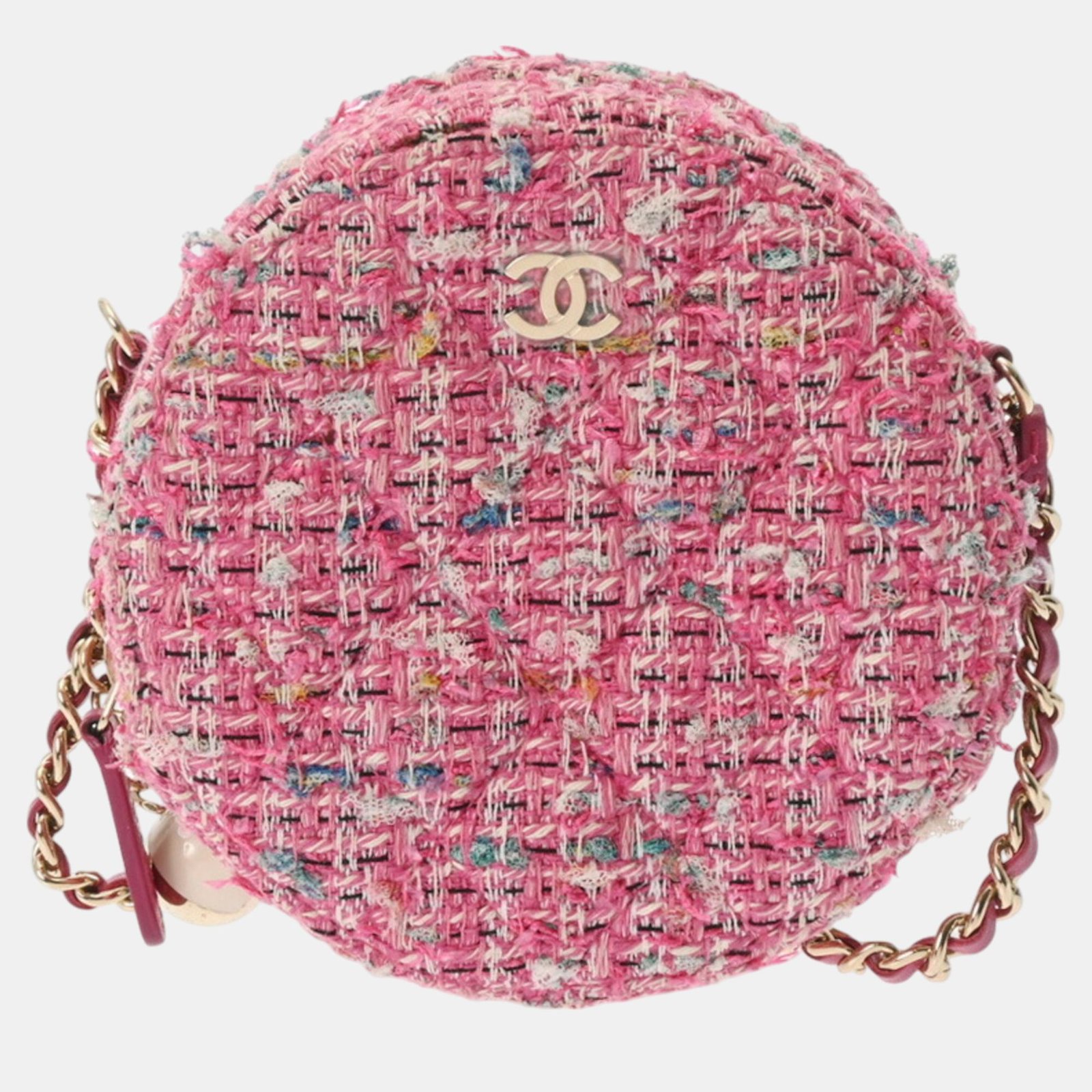 Chanel Pink Tweed Matelasse Round Chain Shoulder Bag