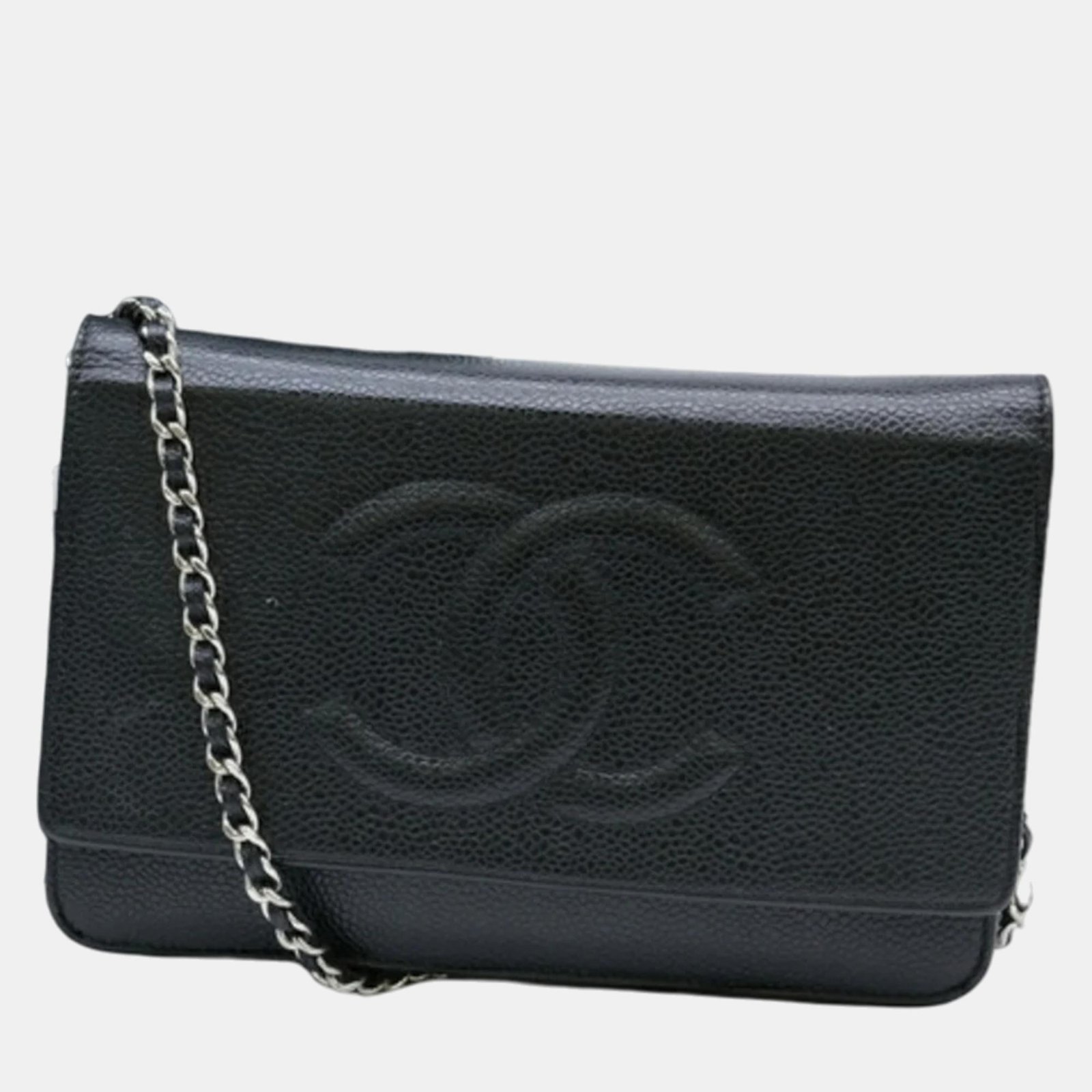 Chanel Black Coco Mark Caviar Skin Chain Wallet