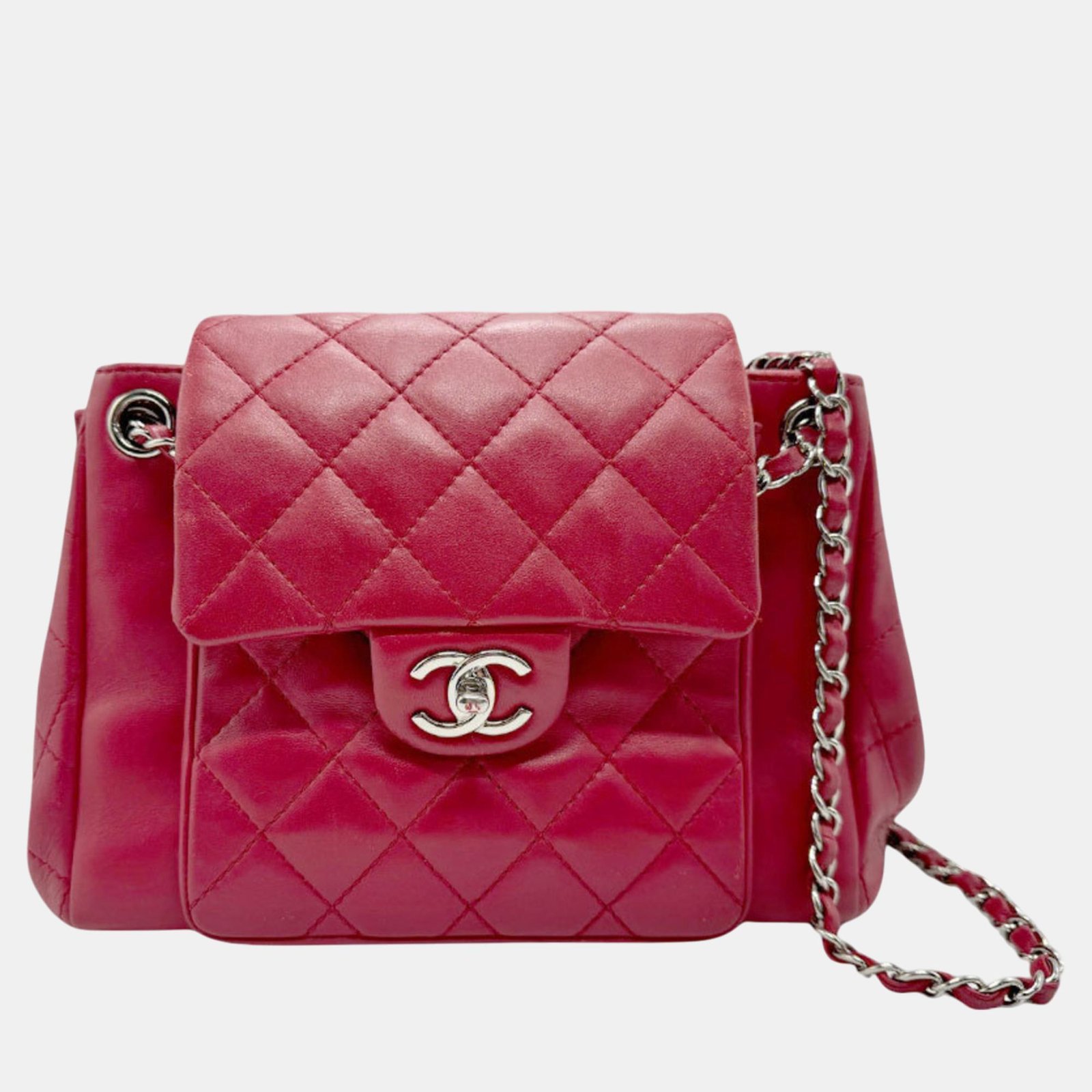 Chanel Red Silver Lambskin Shoulder Bag