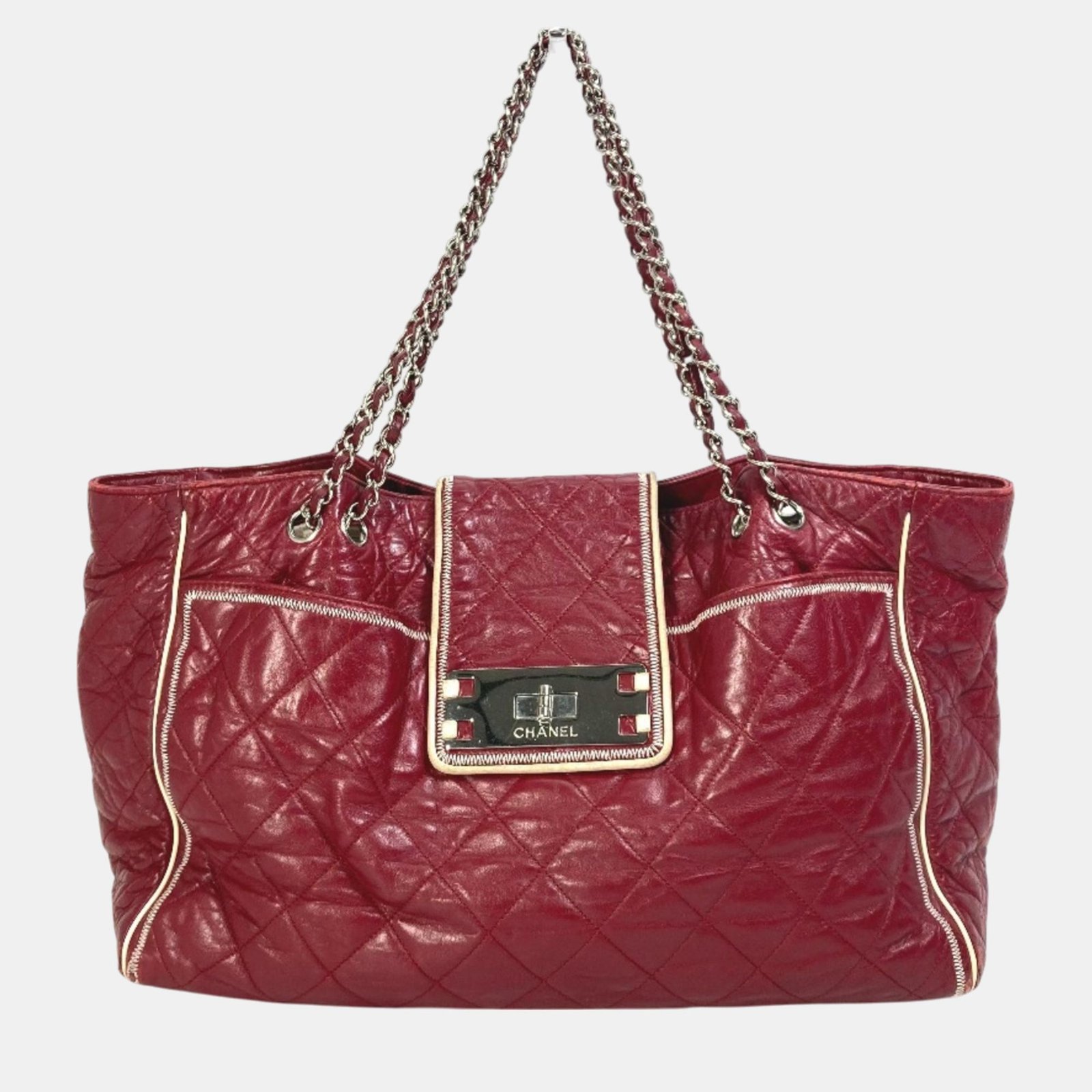 Chanel Red Leather Quilted 2.55 Matelasse W Chain Tote Bag