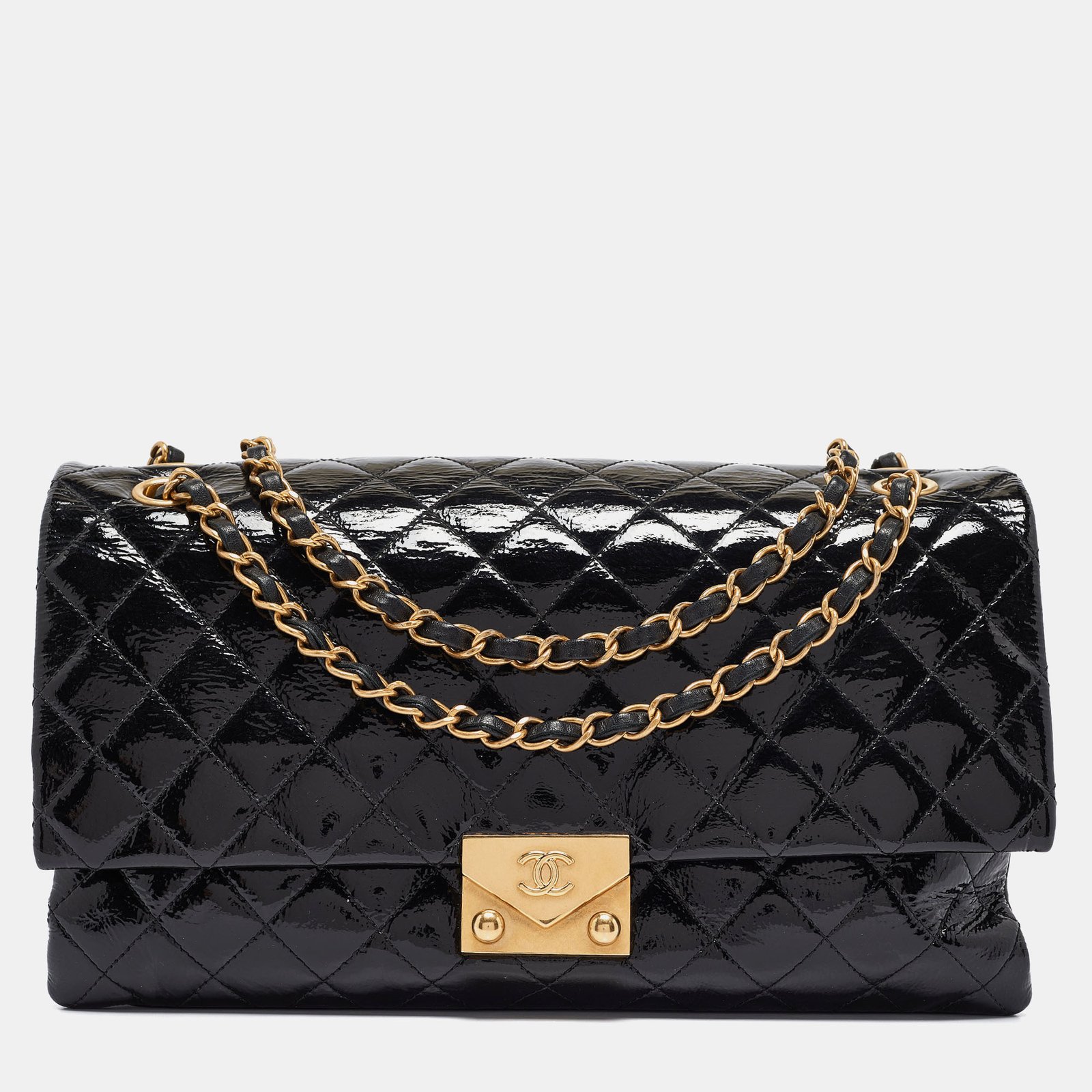 Chanel Black Quilted Patent and Leather Pagoda Accordion Flap Bag