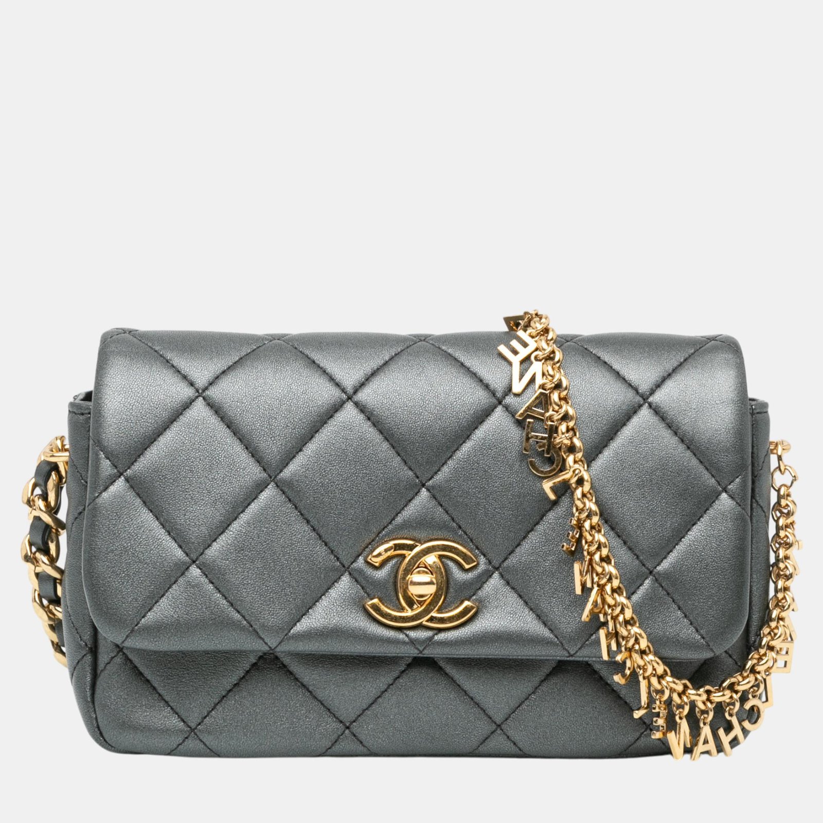 Chanel Quilted Metallic Lambskin Logo Charm Chain Flap Bag