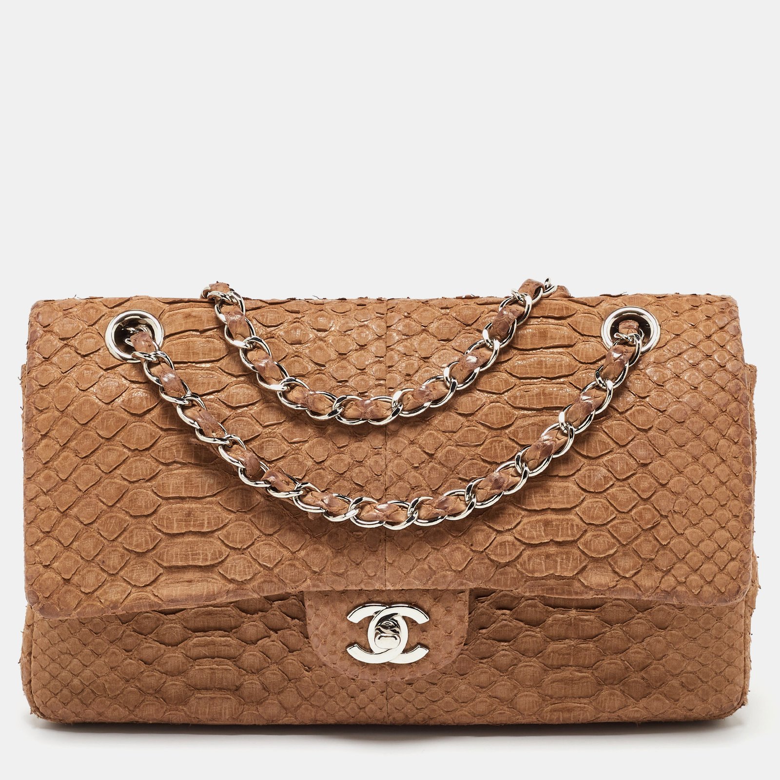 Chanel Brown Python Leather Medium Classic Double Flap Bag