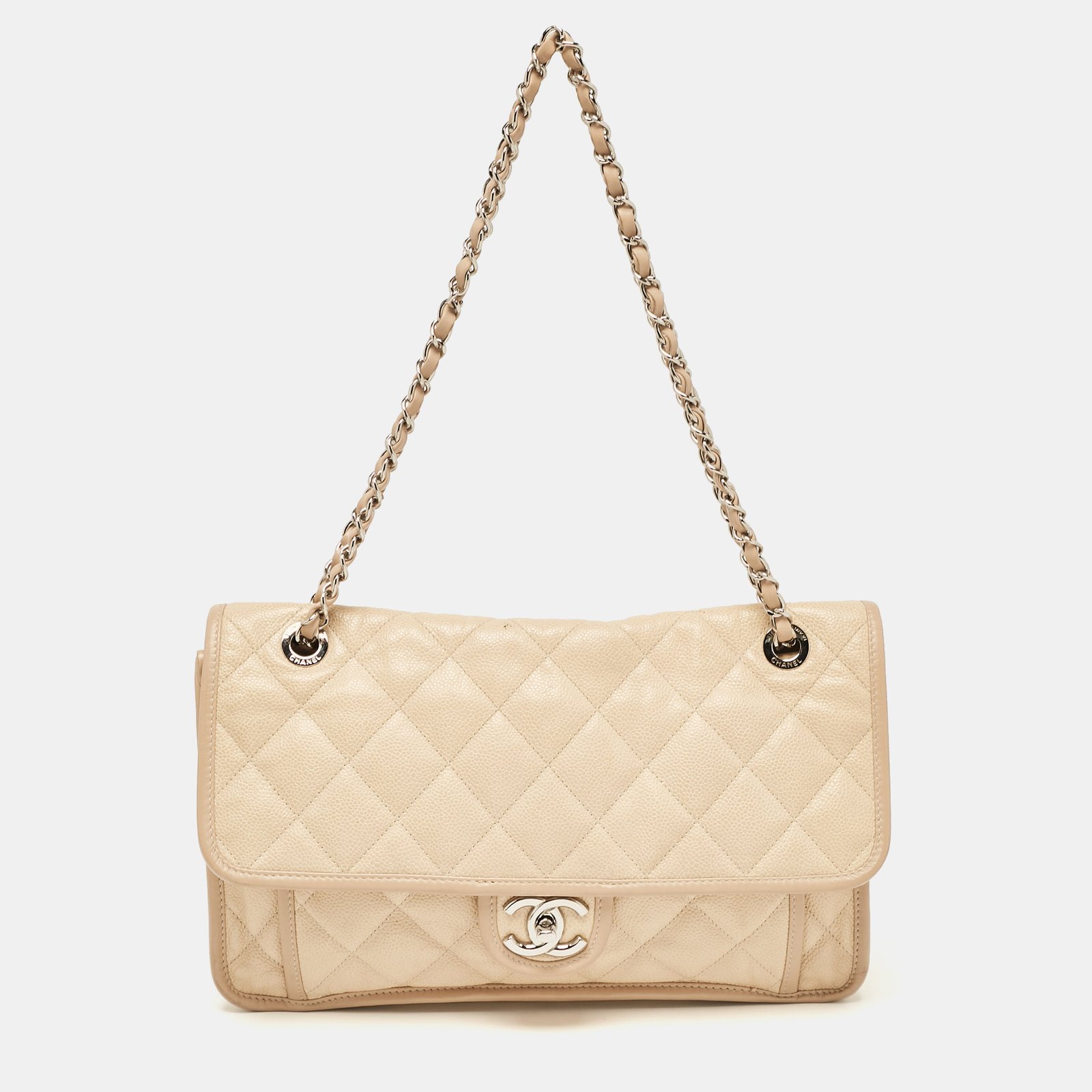 Chanel Beige Caviar Quilted Leather CC French Riviera Flap Bag